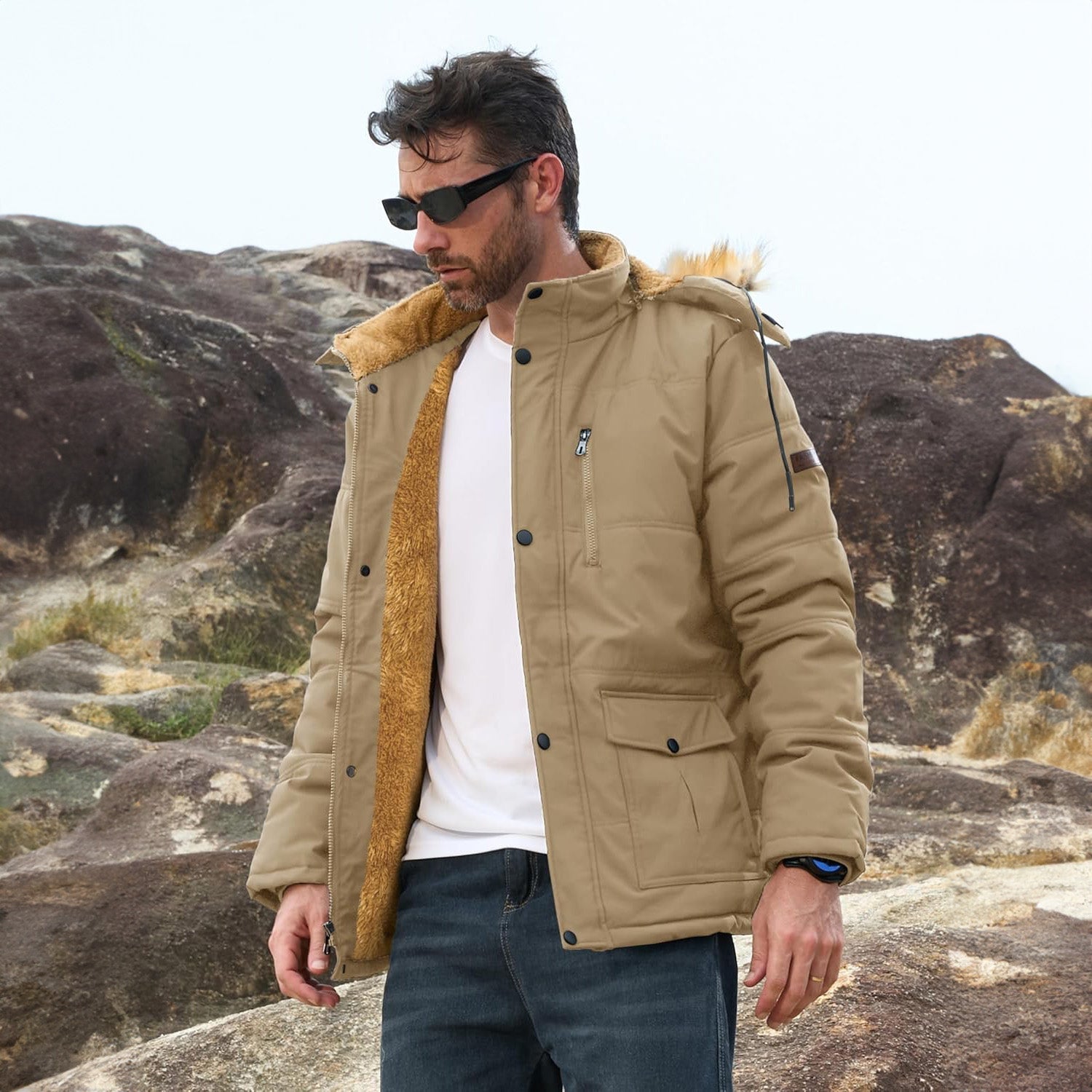 Men's Fleece Lined Parka Jacket - Hooded Puffer Warm Coat - veyora