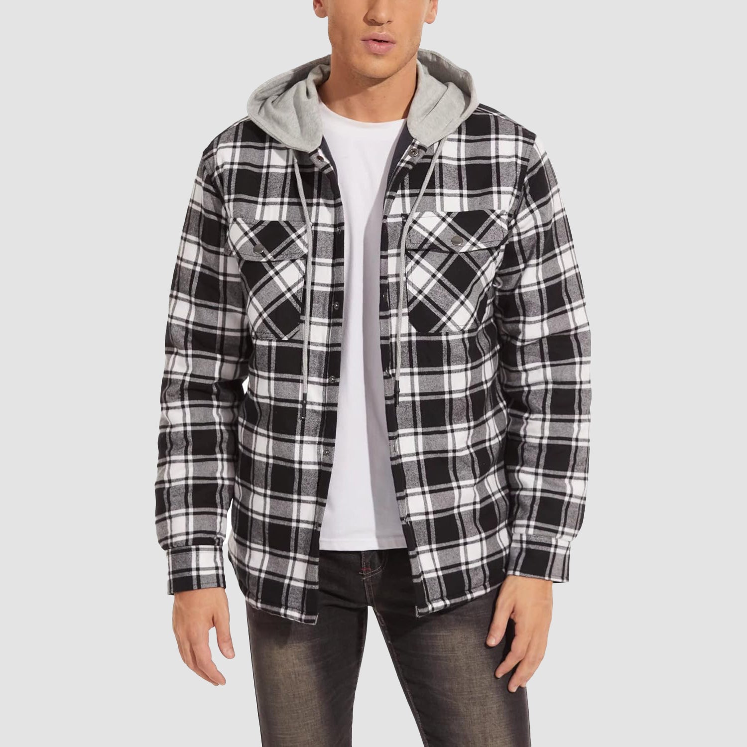Men's Quilted Flannel Jacket with Hood – Warm & Casual - veyora