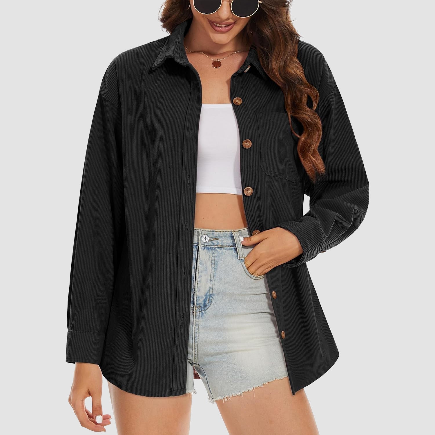 Women's Long Sleeve Corduroy Shirt with Pocket - veyora