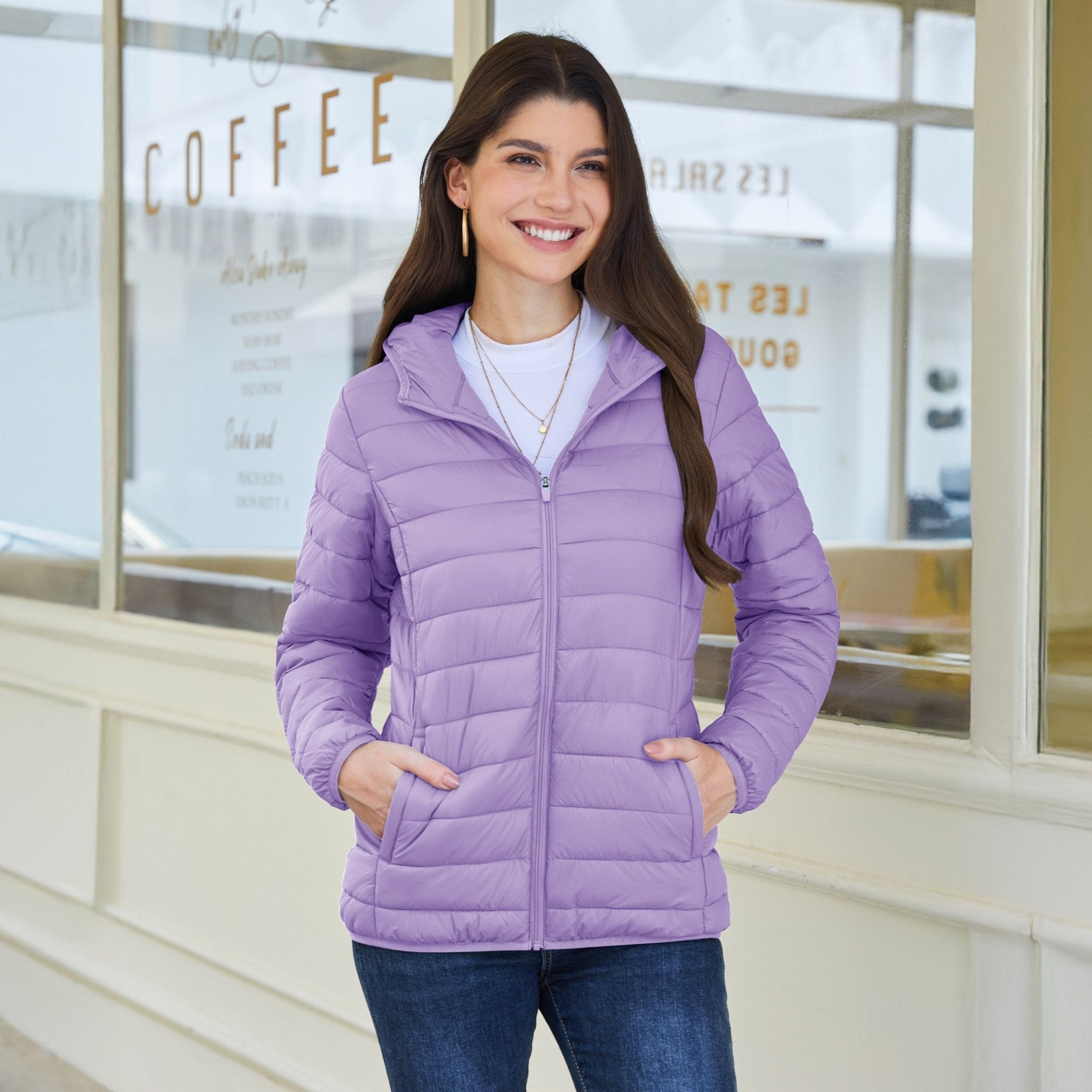 Women's Hooded Lightweight Puffer Jacket Full Zip Winter Coat