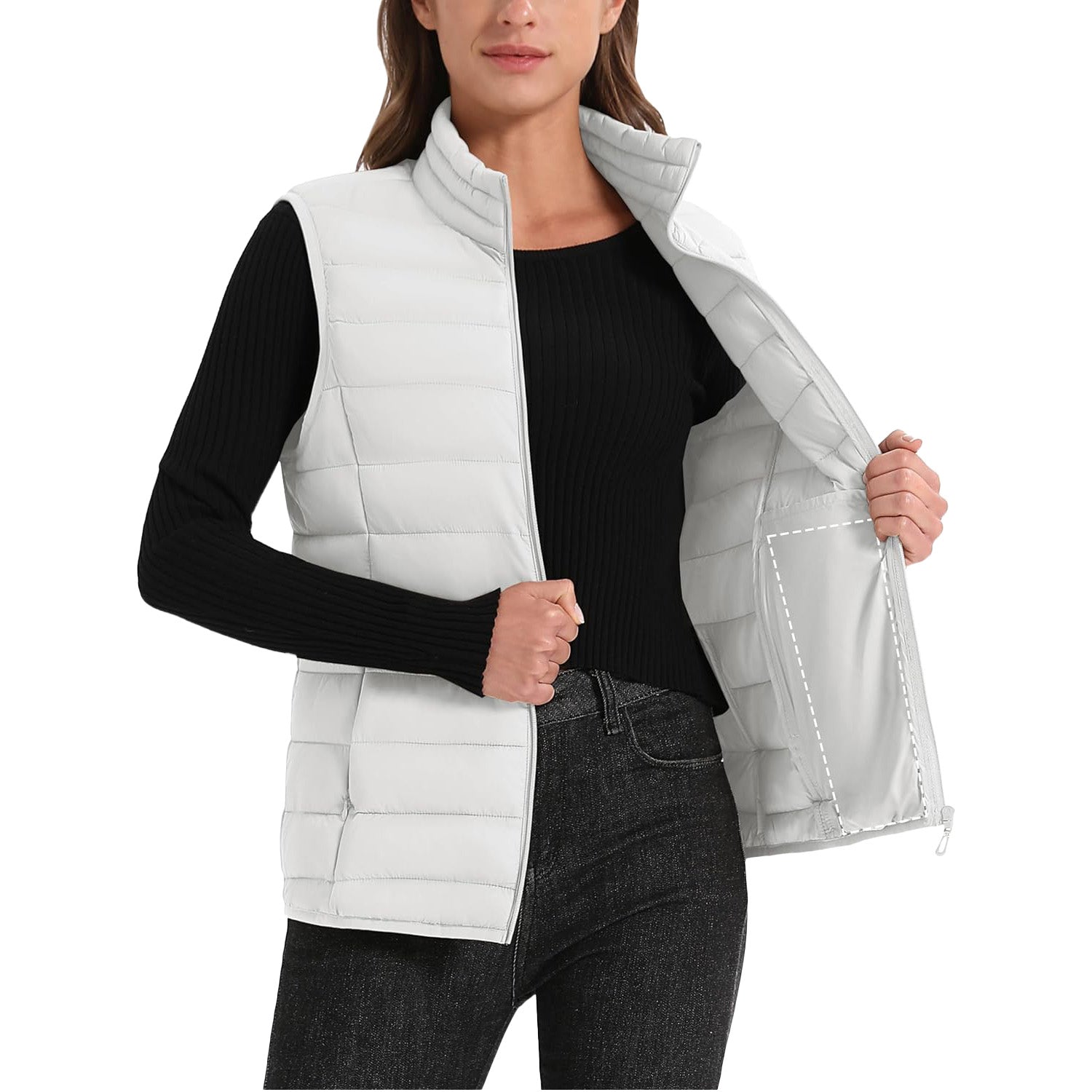 Women's Lightweight Puffer Vest with 4 Pockets & Stand Collar