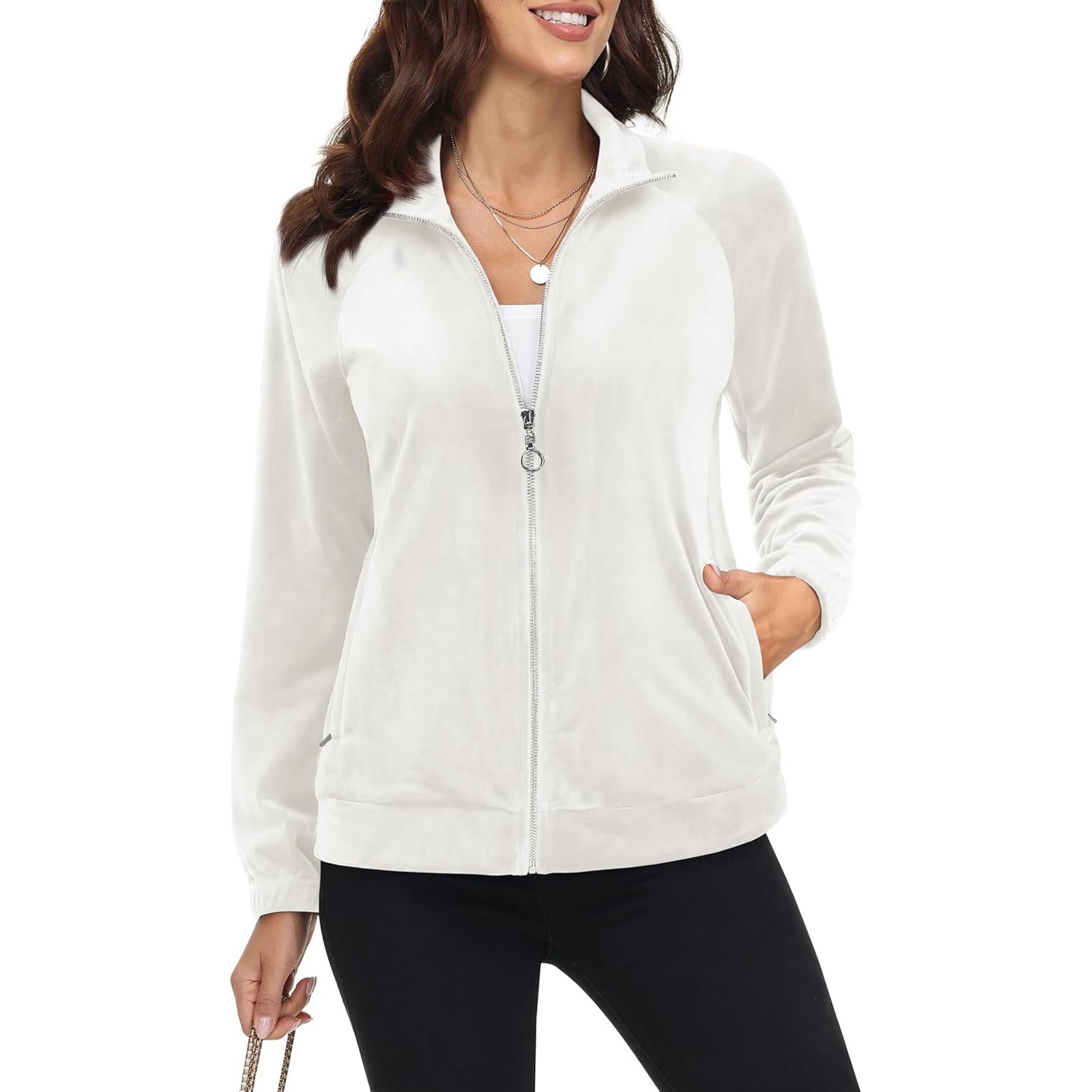 Women's Velour Fleece Jacket - Full Zip & Zipper Pockets - veyora