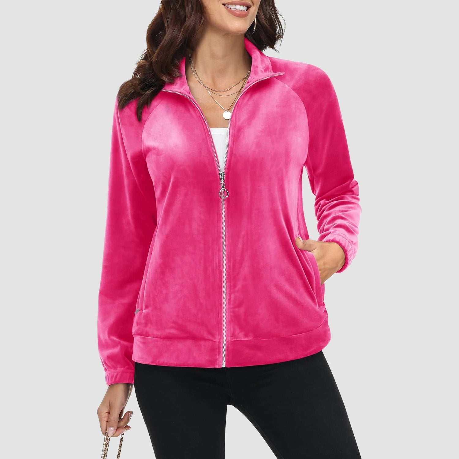 Women's Velour Fleece Jacket - Full Zip & Zipper Pockets - veyora