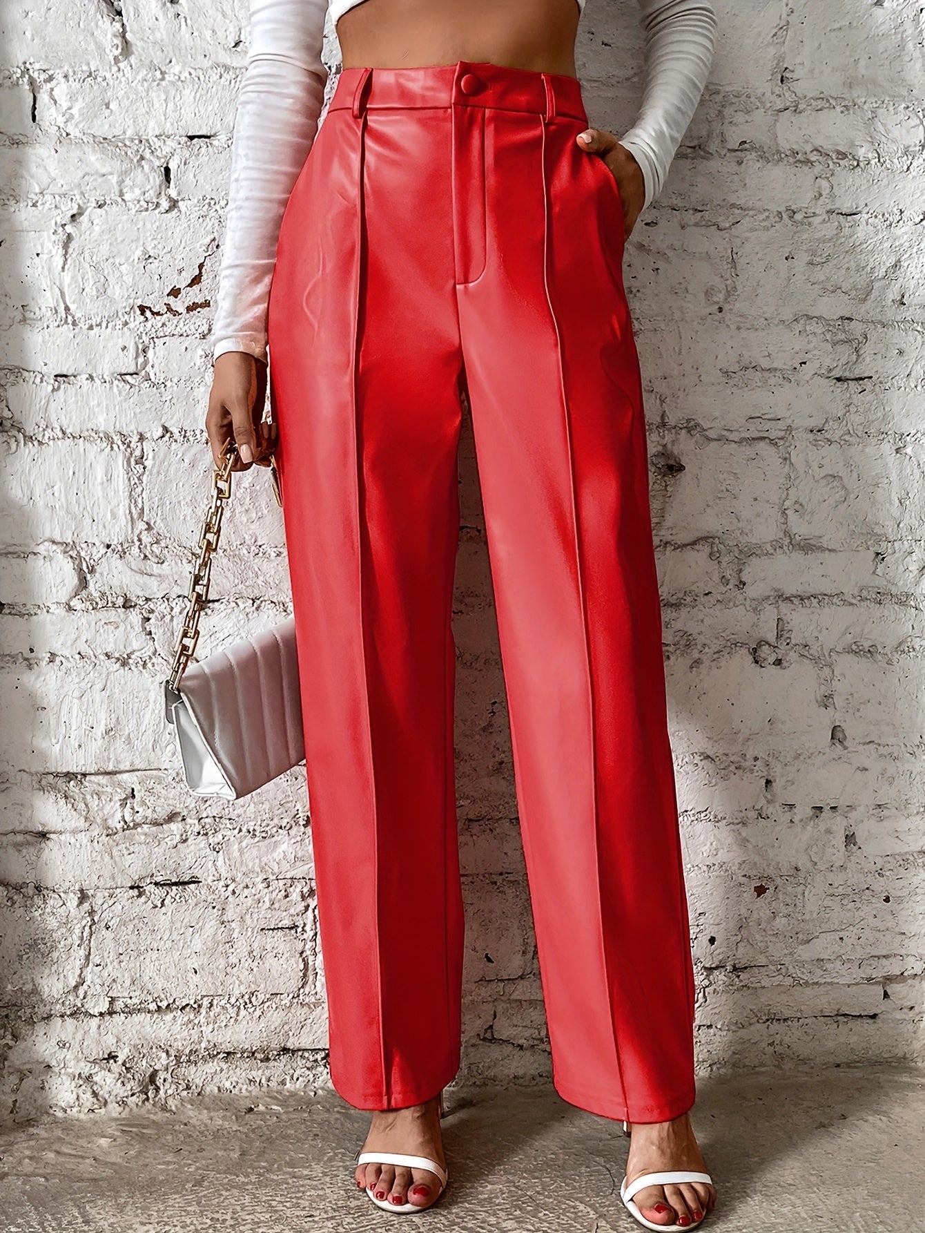 Women'S PU Faux Leather Straight - Leg Pants Featuring a Center Crease on The Front of The Legs, a Button Closure at The Waist, And a Zipper Fly, Combining Casual And Sexy Styles - veyora