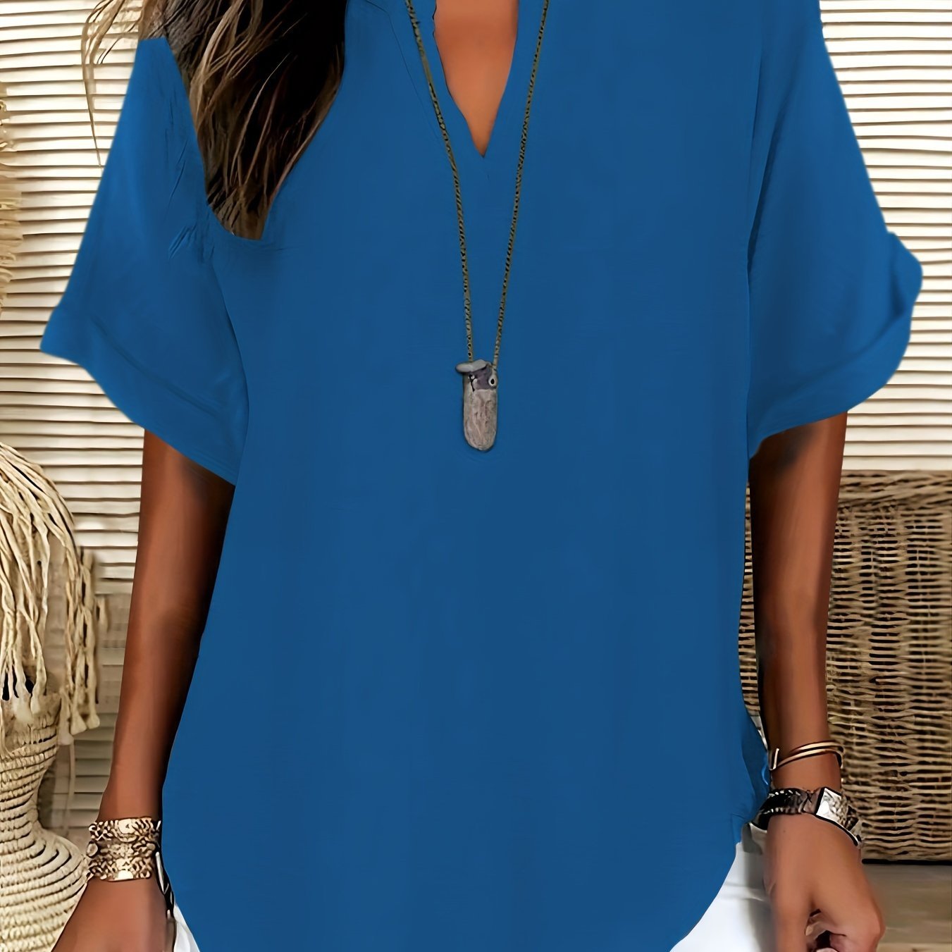 Women's V - neck Drop Shoulder Sleeves Solid Color Loose Short Sleeve Shirt Top - veyora