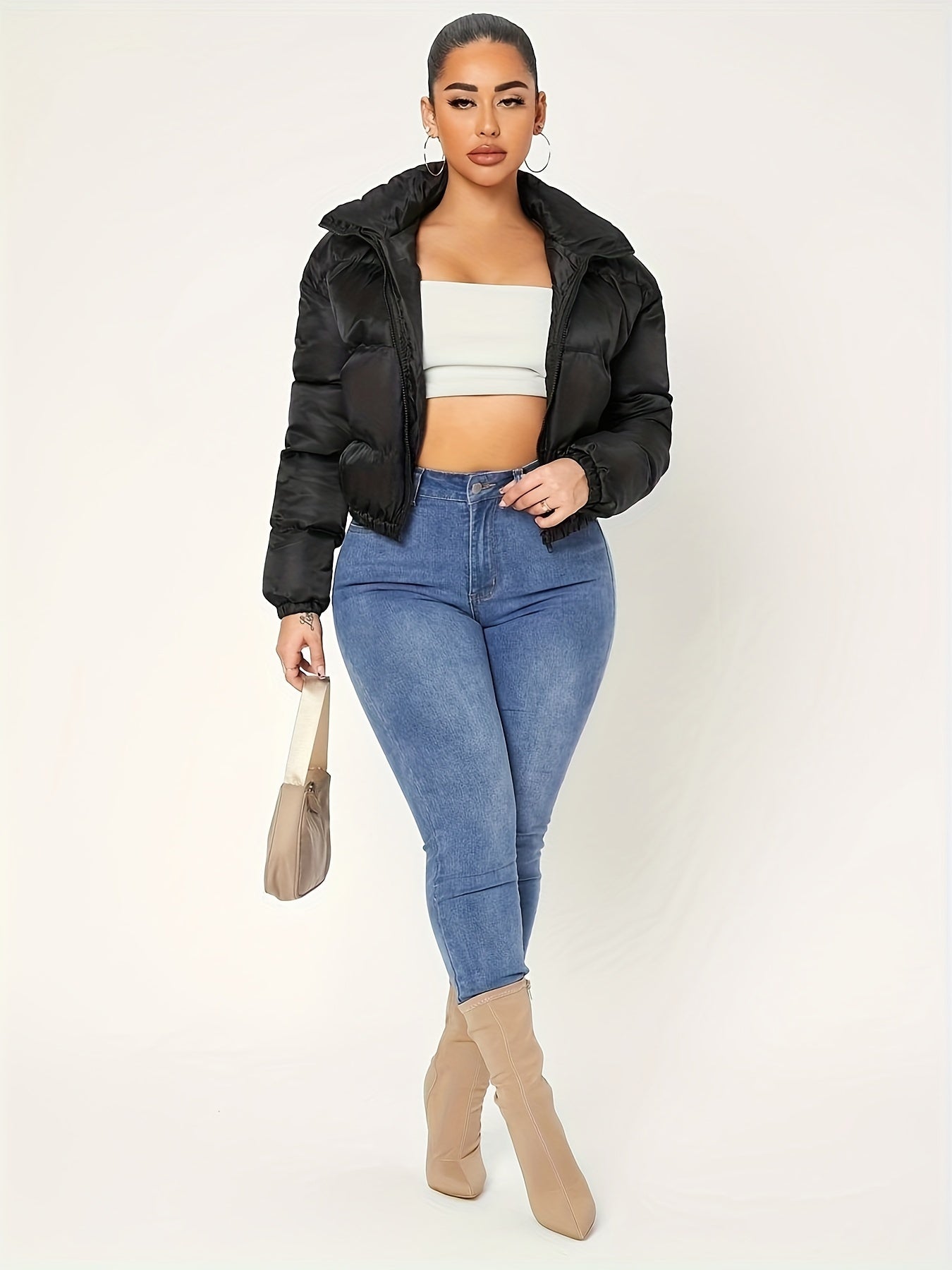 A Fitted Solid Color Zip - Up Jacket with Directional Design, Y2K Long - Sleeve Cropped Jacket for Women - veyora