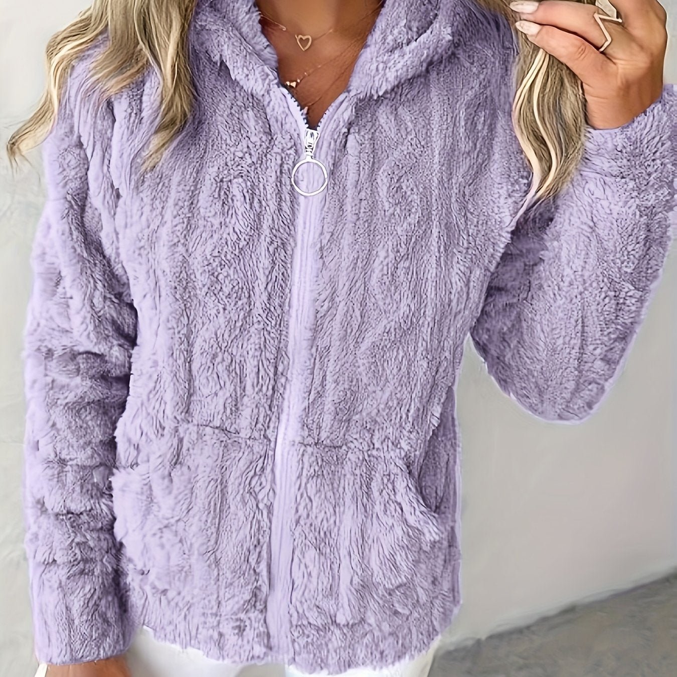 2025 Autumn/Winter Women's Casual Solid Color Warm Hooded Zipper Jacquard - Lined Long Sleeve Pocket Sweatshirt Niannian - veyora