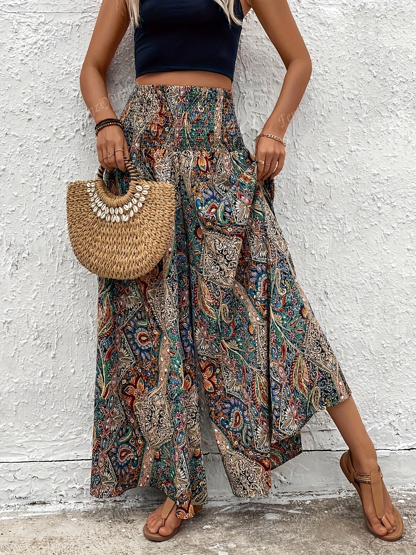Spring - Summer Autumn Women's Fashion Casual Pants, Elegant Bohemian Style Elastic Waist High - Rise Wide Leg Trousers - veyora