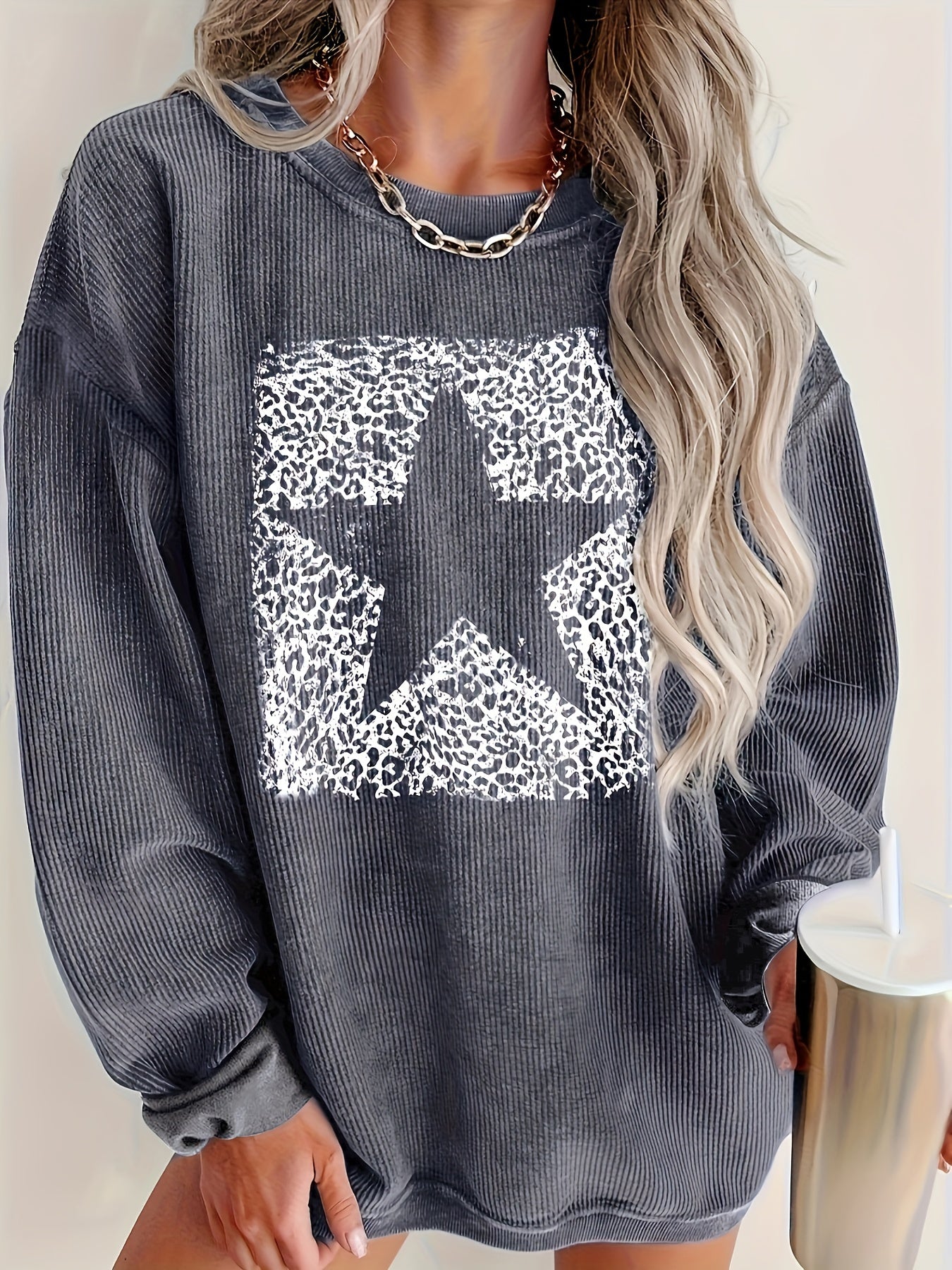 Gray Long - Sleeve Round - Neck Printed Sweatshirt - veyora