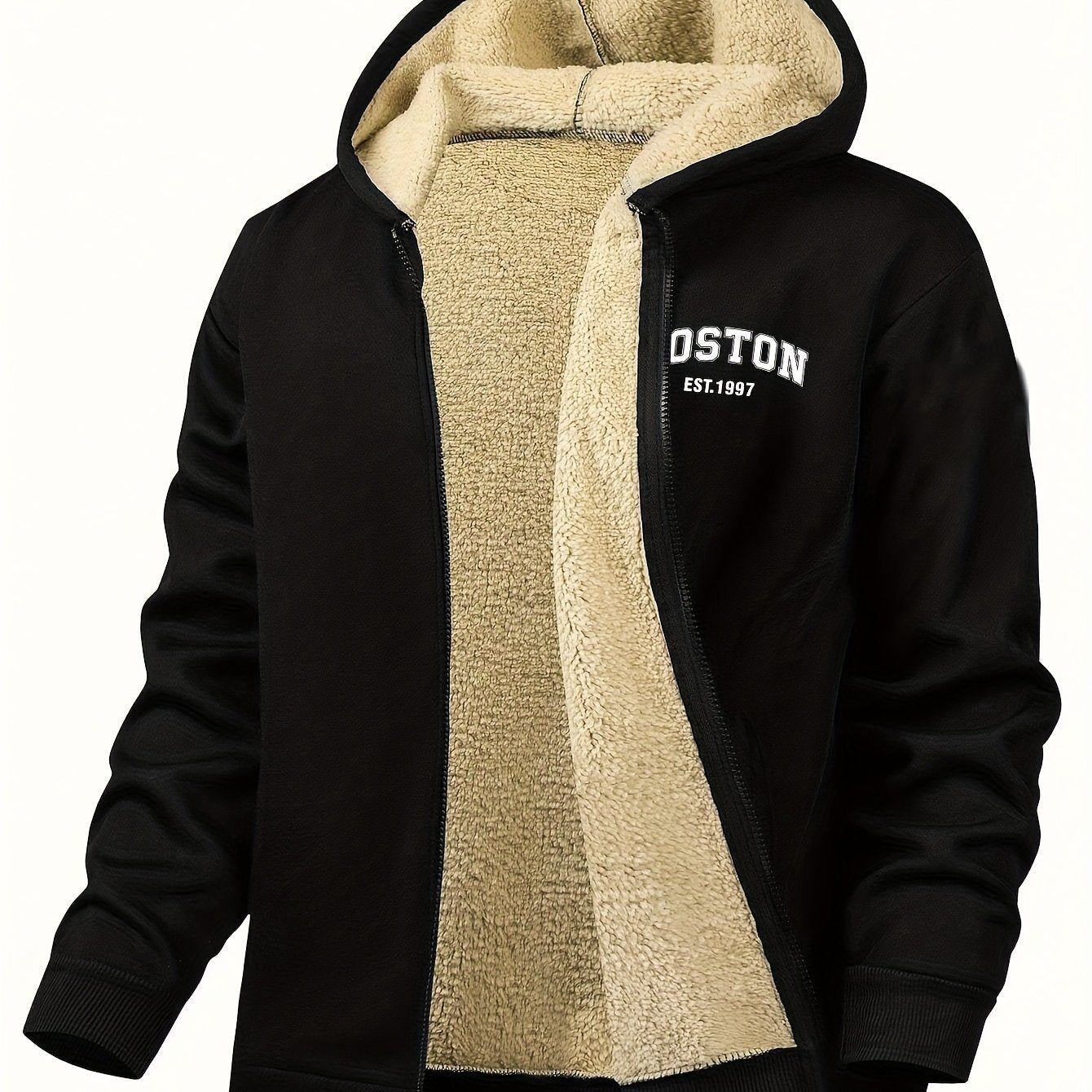 Men's Casual Zip - Up Hooded Jacket with Letter Print, Black & Beige Contrast, Regular Fit, Machine Washable, Front Pockets for Outdoor & Casual Attire - veyora