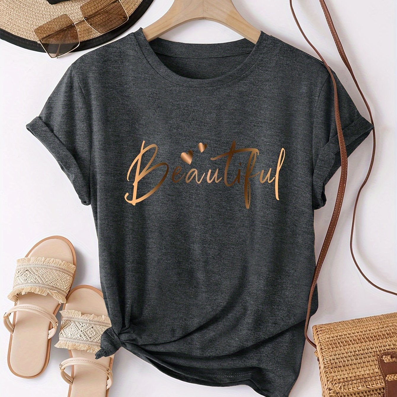 Casual Short - Sleeve T-Shirt for Women with a Heart - Shaped Letter Design, Featuring a Easy Round Neck And a Loose Fit Suitable for Spring And Summer - veyora