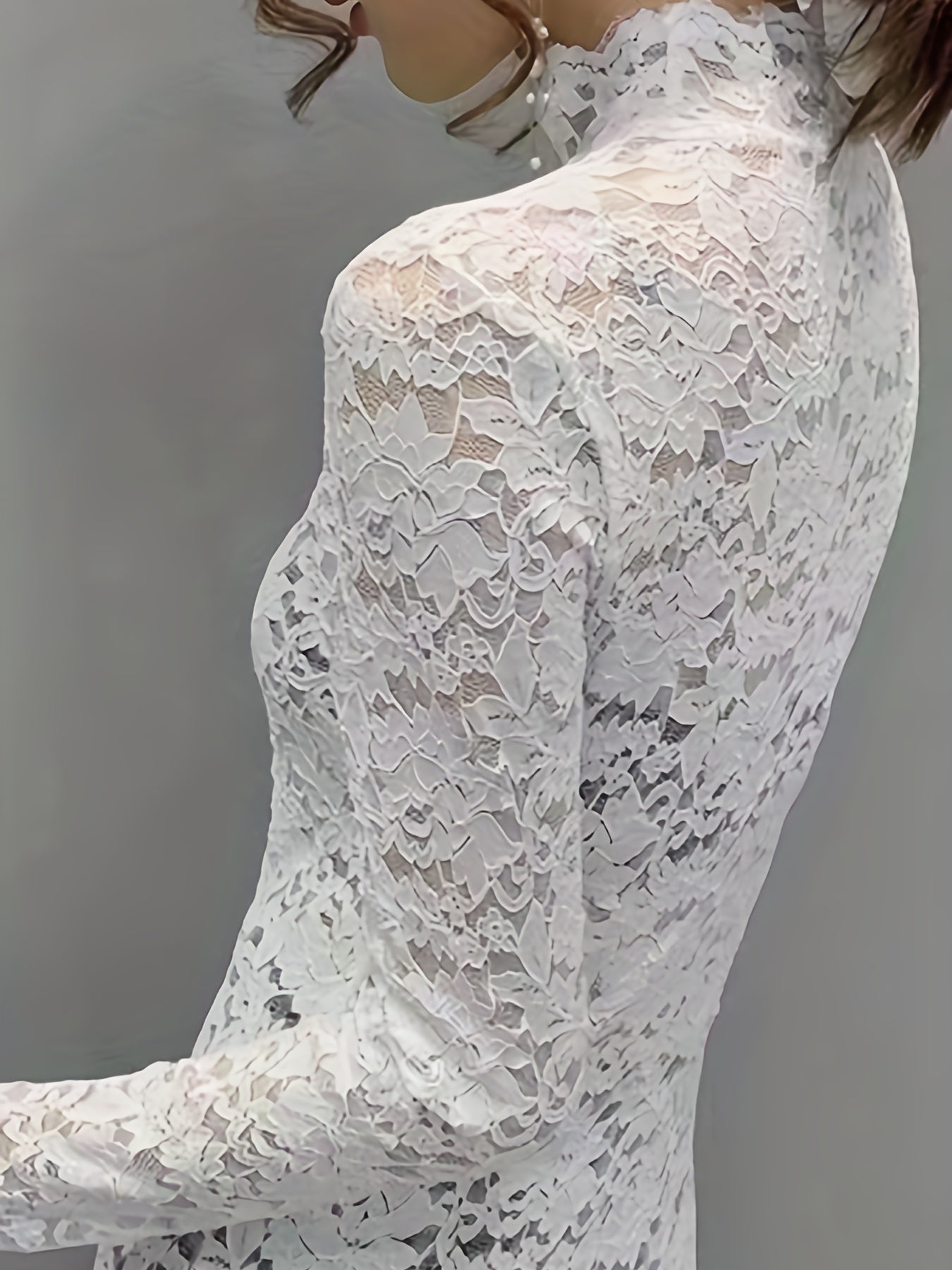 Lace Mock Neck Slim Top, Sexy Long Sleeve Top For Spring & Fall, Women's Clothing - veyora