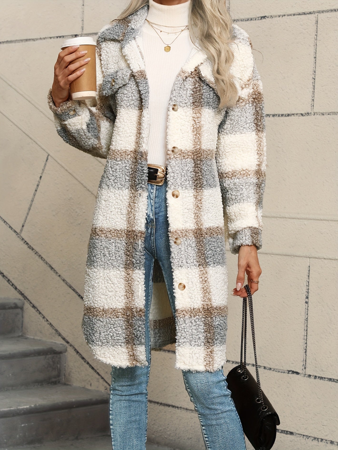 Long Sleeve Long Length Plaid Pattern Fuzzy Thermal Jacket, Casual Button Front Collar Coat for Fall & Winter, Women's Clothing