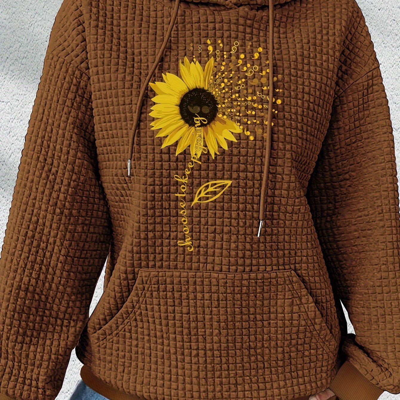 Sunflower Print Waffle Hoodie, Drawstring Kangaroo Pocket Casual Hooded Sweatshirt For Winter & Fall, Women's Clothing - veyora