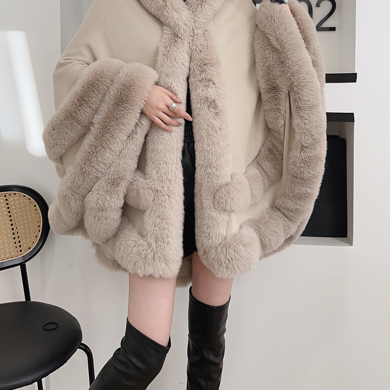 Women's Winter Cape - Style Faux Fur - Lined Hooded Cardigan - Burgundy Plush Open Front Oversized Coat for Cold Weather, Middle Eastern - Inspired Elegance, Dry Clean Only, Ladies Winter Coats, Cold Weather Apparel, Cape Style Outerwear, Luxury Fabric Coat - veyora