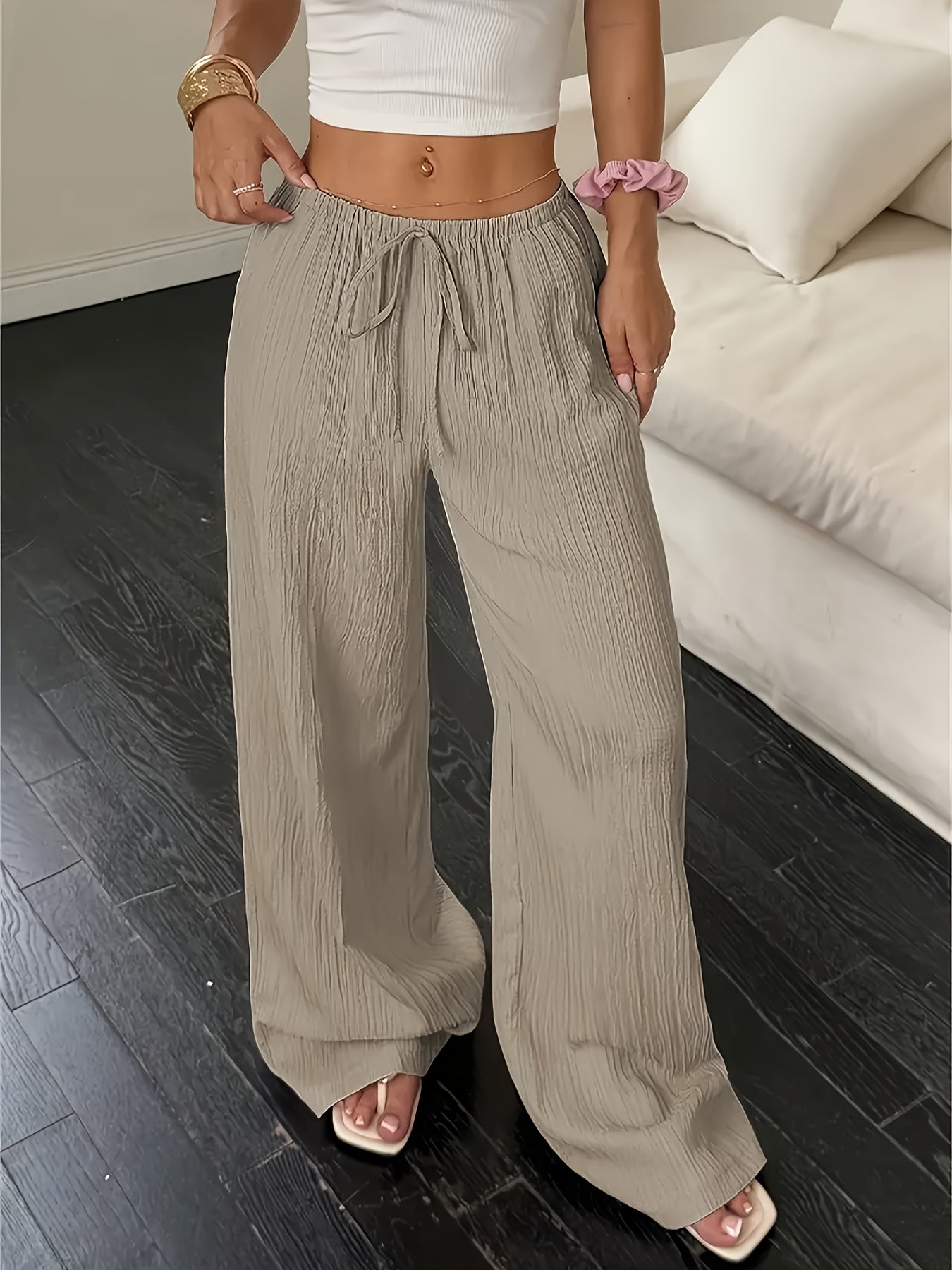 Women's Fashion Casual Khaki Solid Color Elegant Faux Drawstring Straight - Leg Pants - Spring, Summer, and Autumn Solid Color Machine - Washable Trousers, Versatile for Casual and Formal Wear, Faux Drawstring Design, Comfortable and Versatile Style - veyora
