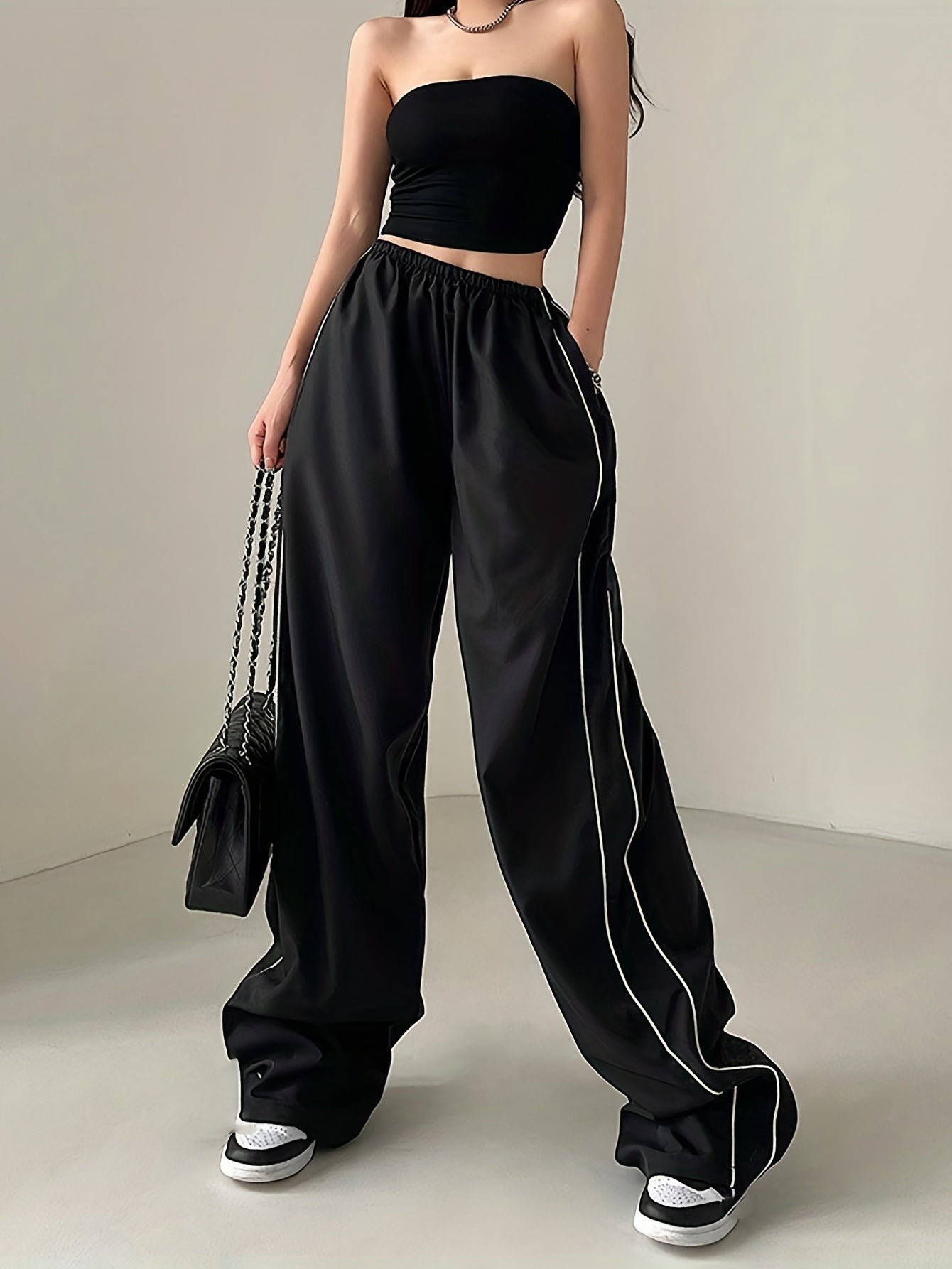 European And American Style Trendy Streetwear High - Waisted Loose - Fit Drawstring Tapered Pants with a Draping Effect, Perfect for Casual . - veyora