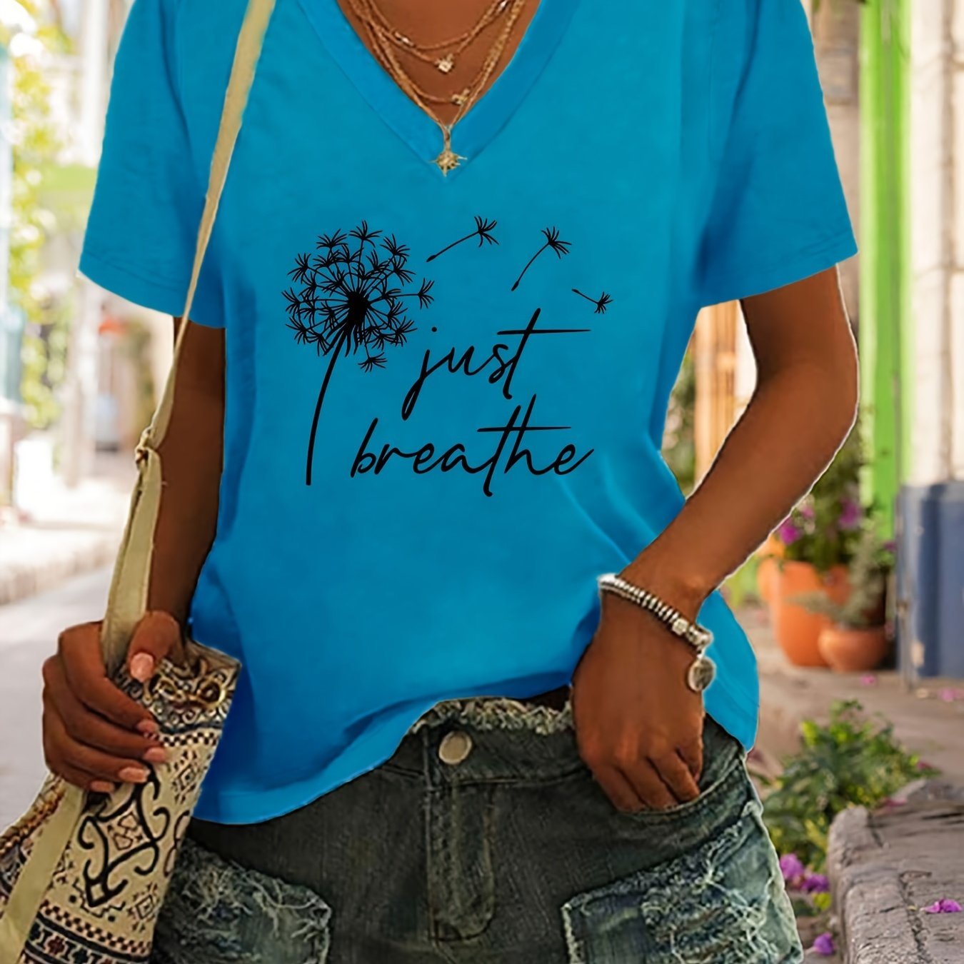 Dandelion Print T-Shirt, V Neck Short Sleeve Summer Casual Top, Women's Clothing - veyora
