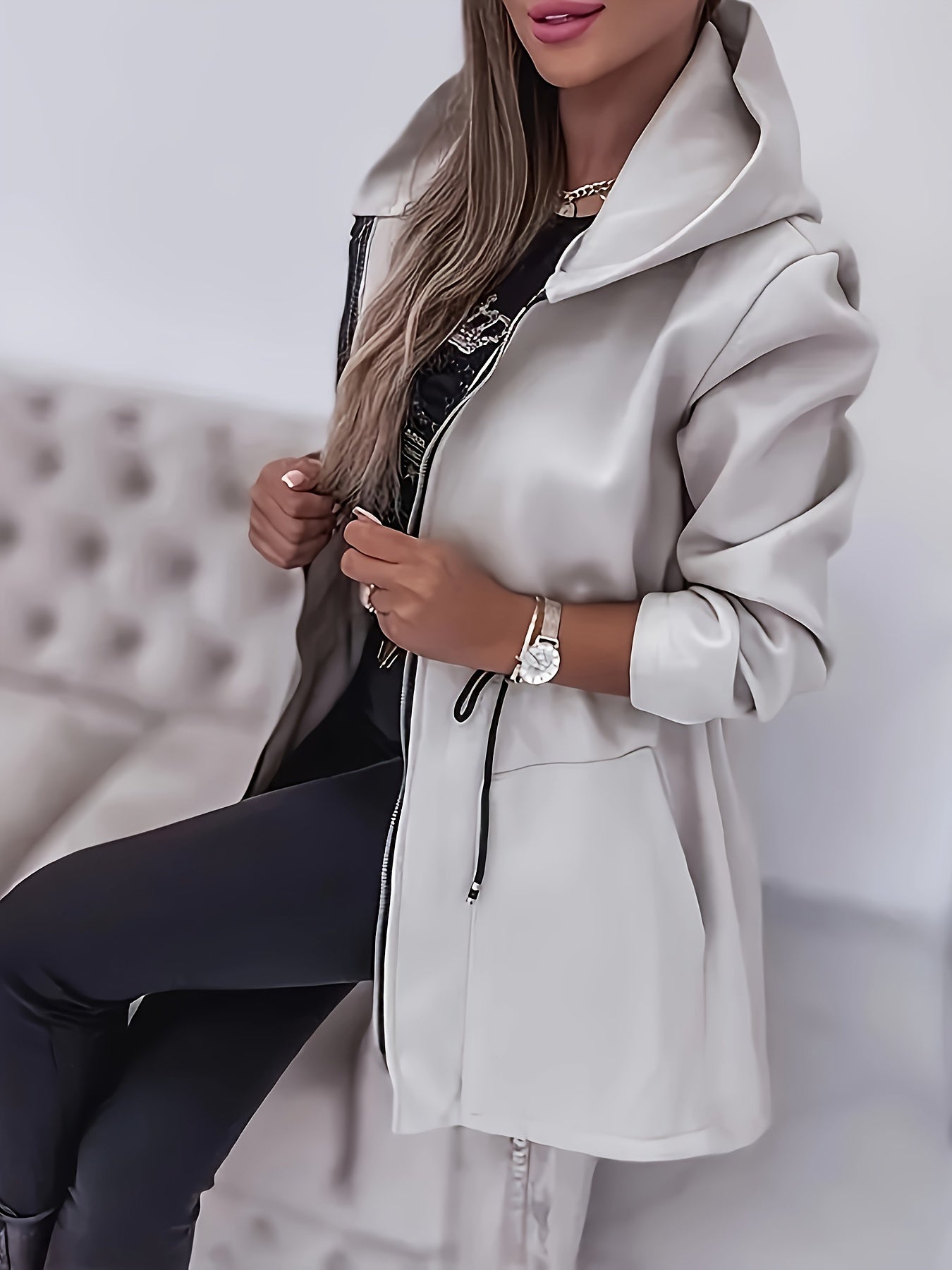 Machine Washable Polyester Women's Casual Hooded Jacket with Drawstring, Zip Pockets for Fall/Winter, Solid Color