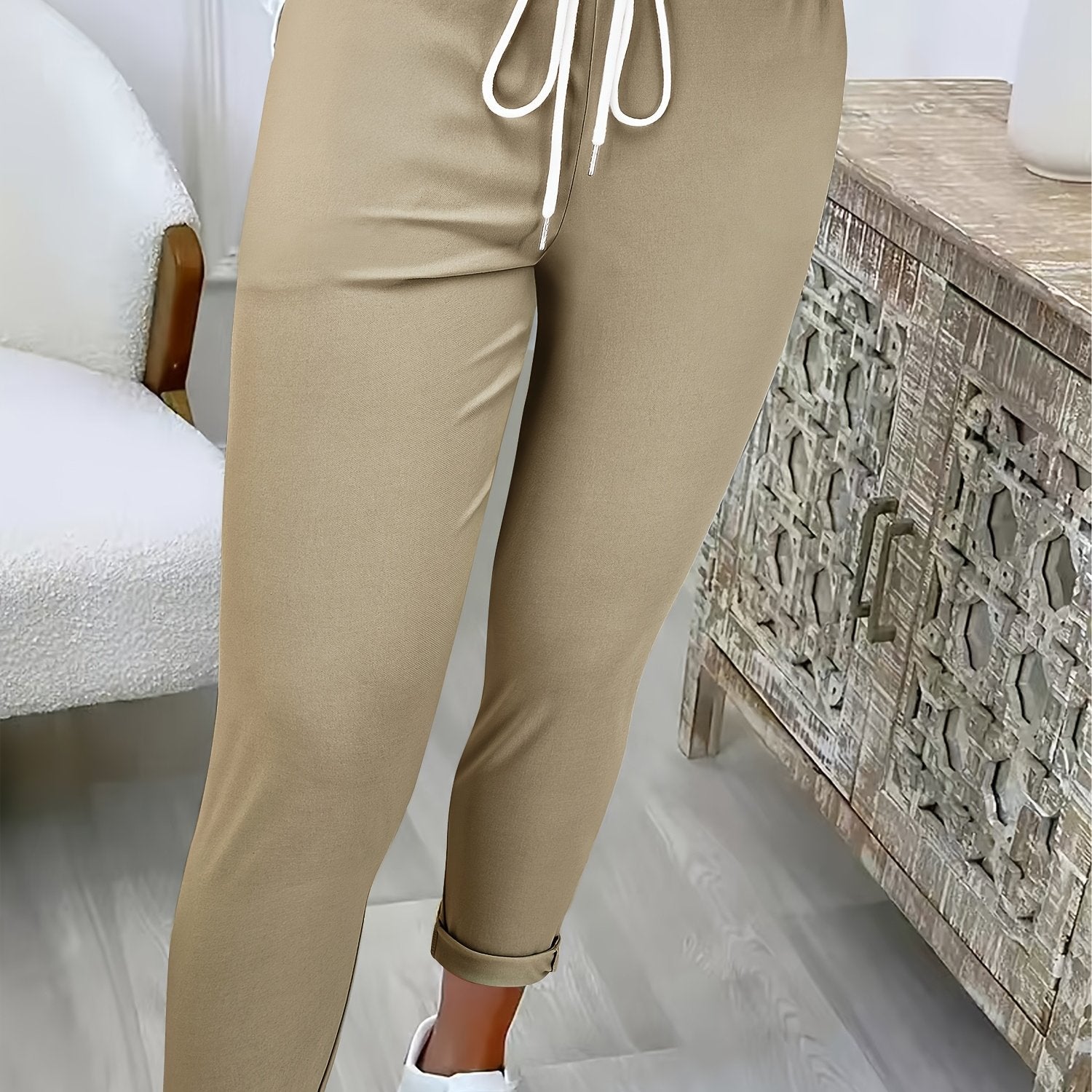 Women's Solid Color Casual Wide - Pants with Elastic Drawstring Waist - Trousers Suitable for, Casual Attire & Semi - Formal Attire - Machine Washable Solid Color Pants - veyora