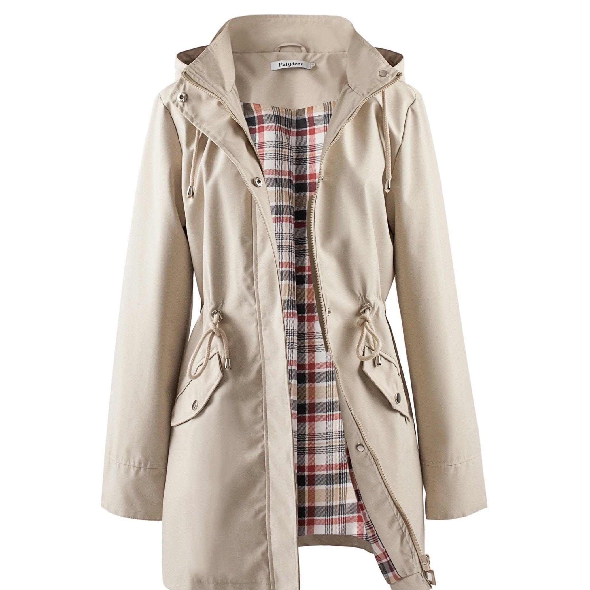 [Polydeer, Waterproof Raincoat] Elegant Green POLYDEER Women's Lightweight Waterproof Raincoat - Breathable, Zip - Up Casual Jacket with Plaid Lining, Adjustable Waist & 3 Pockets for All Seasons - veyora