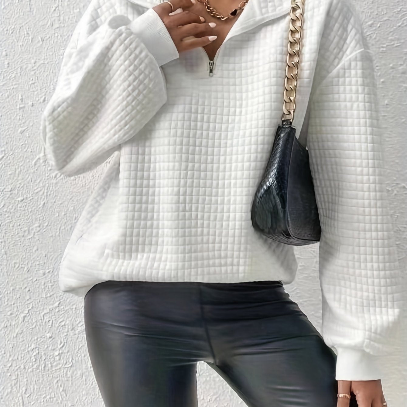Waffle Grid Quarter Zip Pullover Sweatshirt, Casual Long Sleeve Lapel Sweatshirt For Fall & Winter, Women's Clothing - veyora
