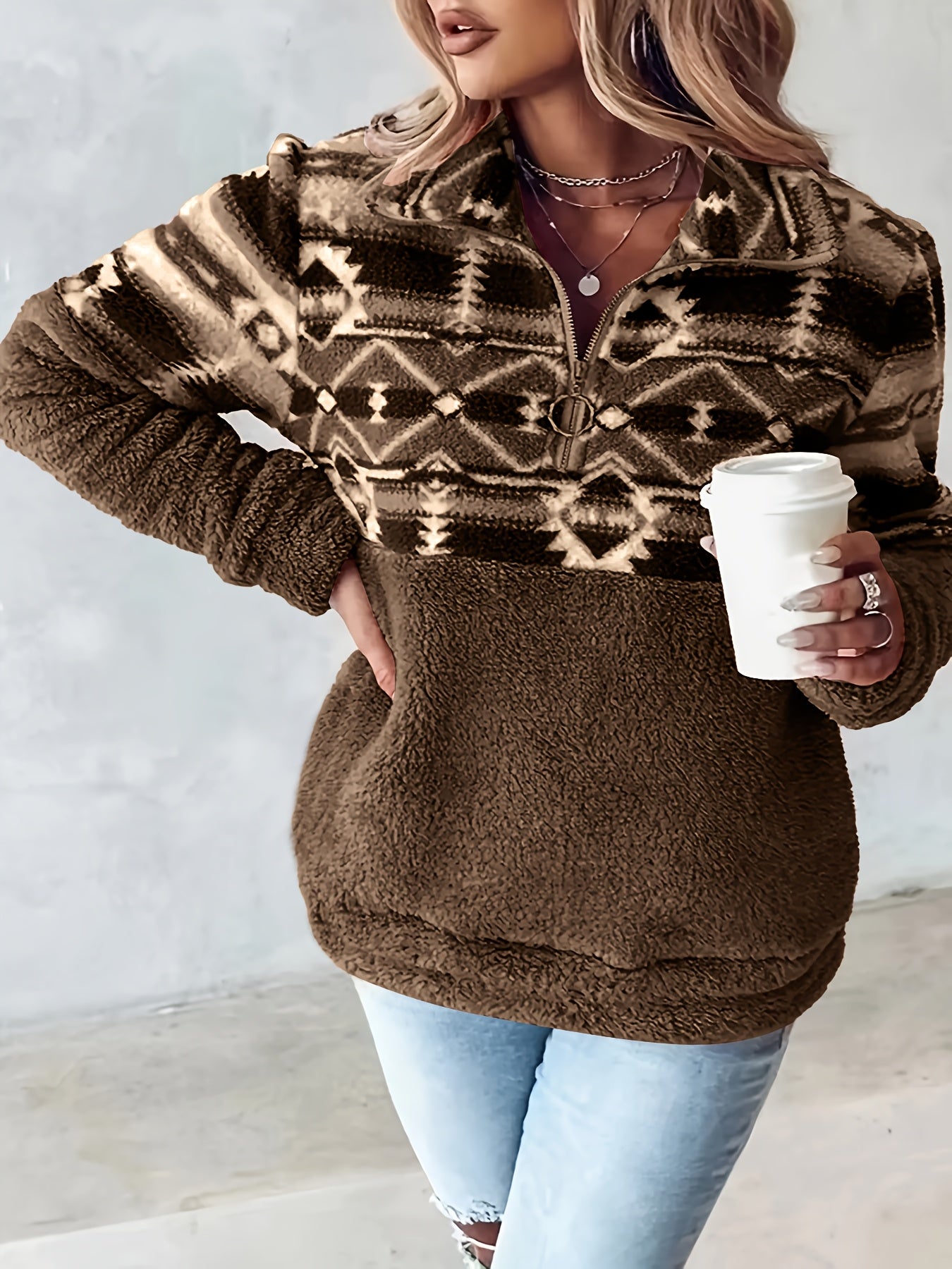Geo Pattern Half Zipper Teddy Sweatshirt, Casual Long Sleeve Sweatshirt For Fall & Winter, Women's Clothing - veyora