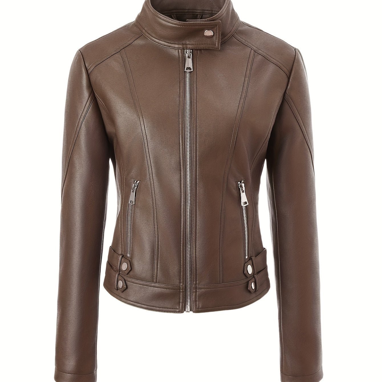 Women'S Zip - Up Faux Leather Motorcycle Jacket, Faux Leather Stand Collar Top, Stylish Fitted Coat, New Women'S Fashion - veyora