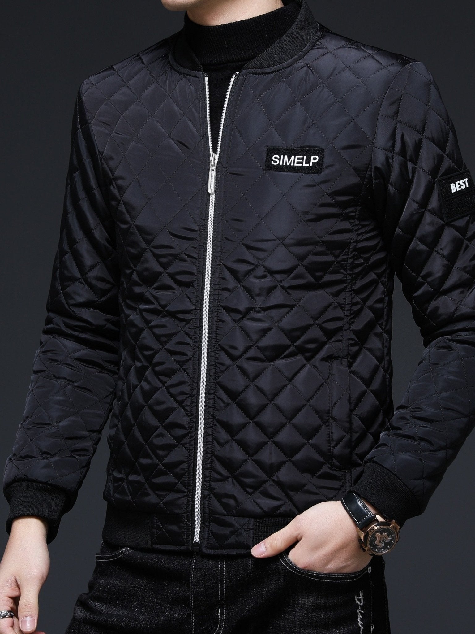 Men's Casual Quilted Zip Up Jacket, Chic Baseball Collar Jacket for Fall Winter - veyora