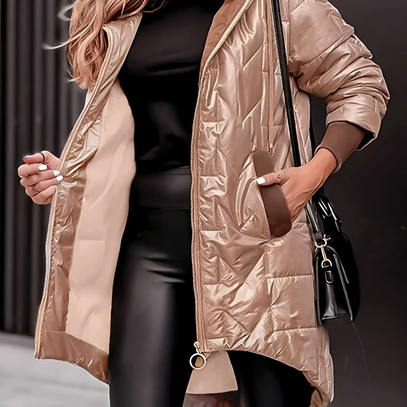 Women's Warm Winter Coat, Hooded Jacket, Mid - Length with Pockets and Asymmetrical Hem Padded Coat - veyora