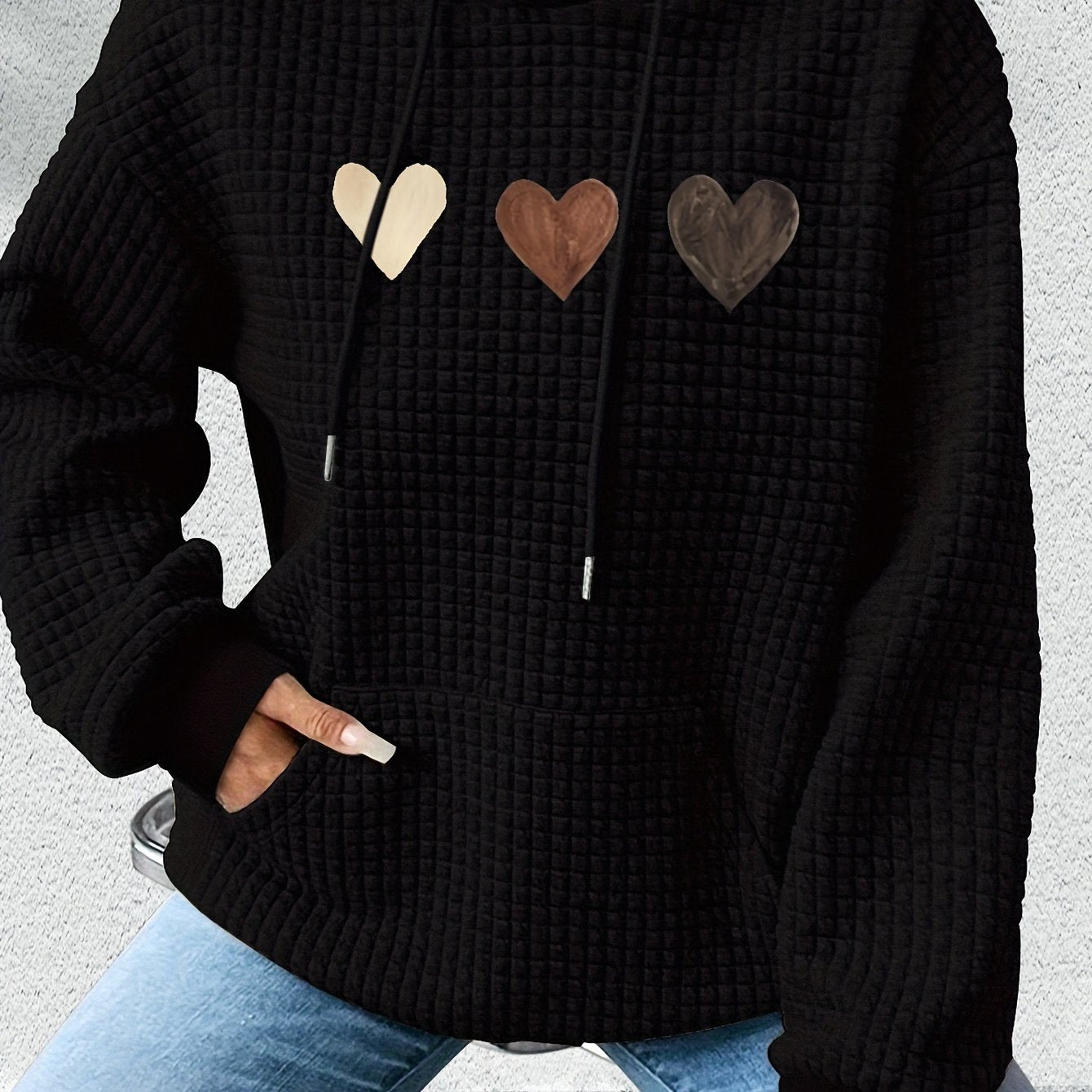 Women'S Long - Sleeve Hoodie with a Waffle Texture Featuring a Repeated Heart Pattern - veyora