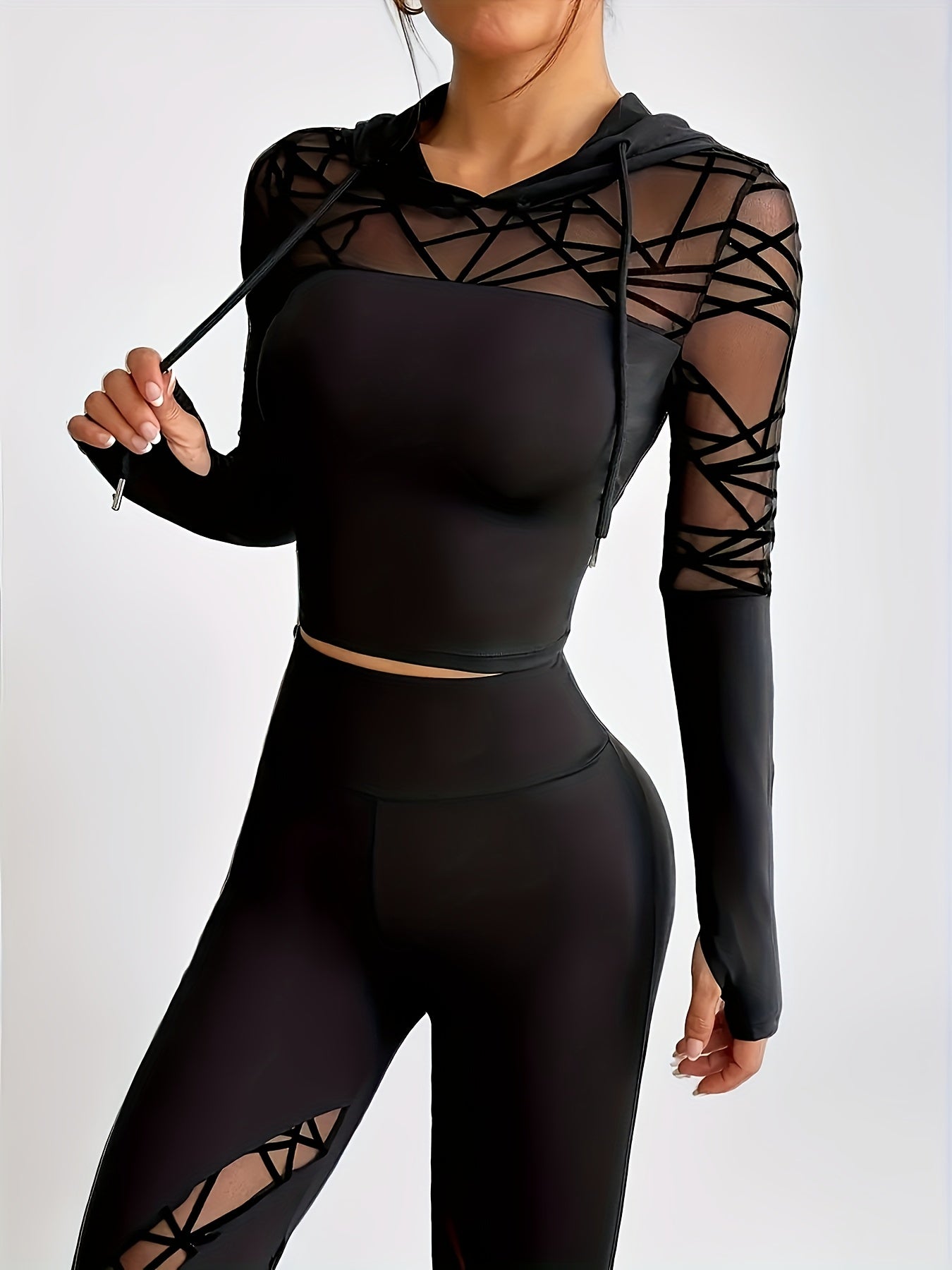 A New Style Women'S Casual Sports Long - Sleeve Cropped Hoodie, Lightweight And Thin, Featuring a Sexy Geometric Mesh Design with Thumb Holes, Comfortable And Breathable, Quick - Drying, Suitable for Workouts, Fitness, Yoga, Dance, Running - veyora