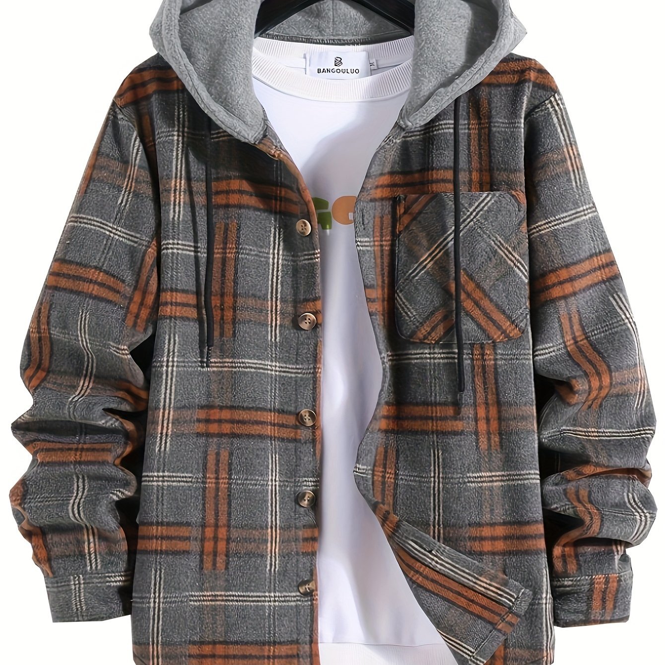 Long Sleeve Men's Warm Plaid Hooded Jacket for Autumn, Outdoor Casual Trendy Cloth - veyora