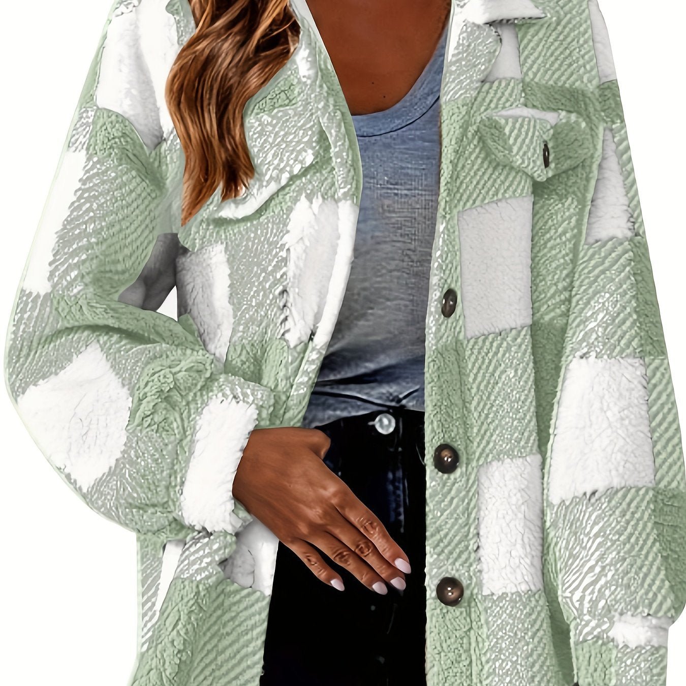 Women'S Casual Plaid Teddy Jacket, Polyester Knit Fabric, with Lapel Collar, Button Front, and Pockets, for Fall/Winter Cozy Outerwear - veyora
