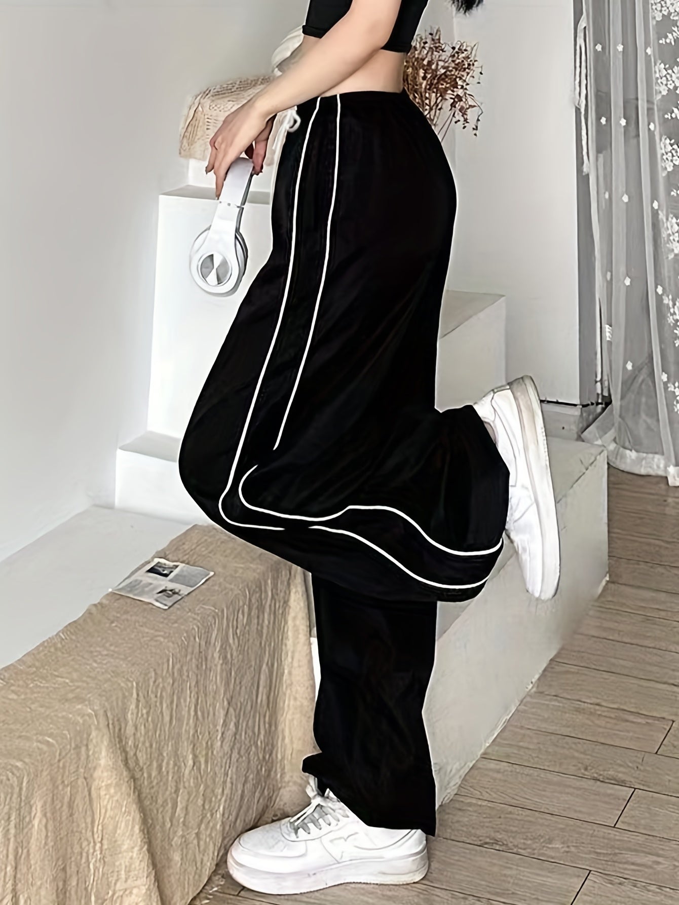 Contrast Binding Drawstring Waist Pants, Y2K Slant Pocket Baggy Pants, Women's Clothing - veyora