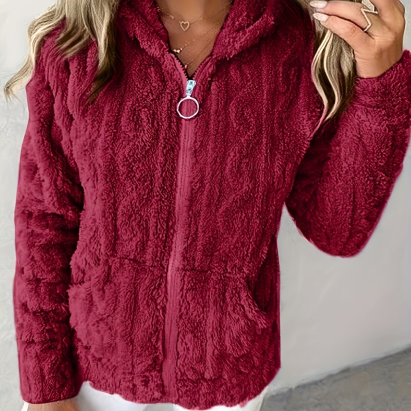 2025 Autumn/Winter Women's Casual Solid Color Warm Hooded Zipper Jacquard - Lined Long Sleeve Pocket Sweatshirt Niannian - veyora