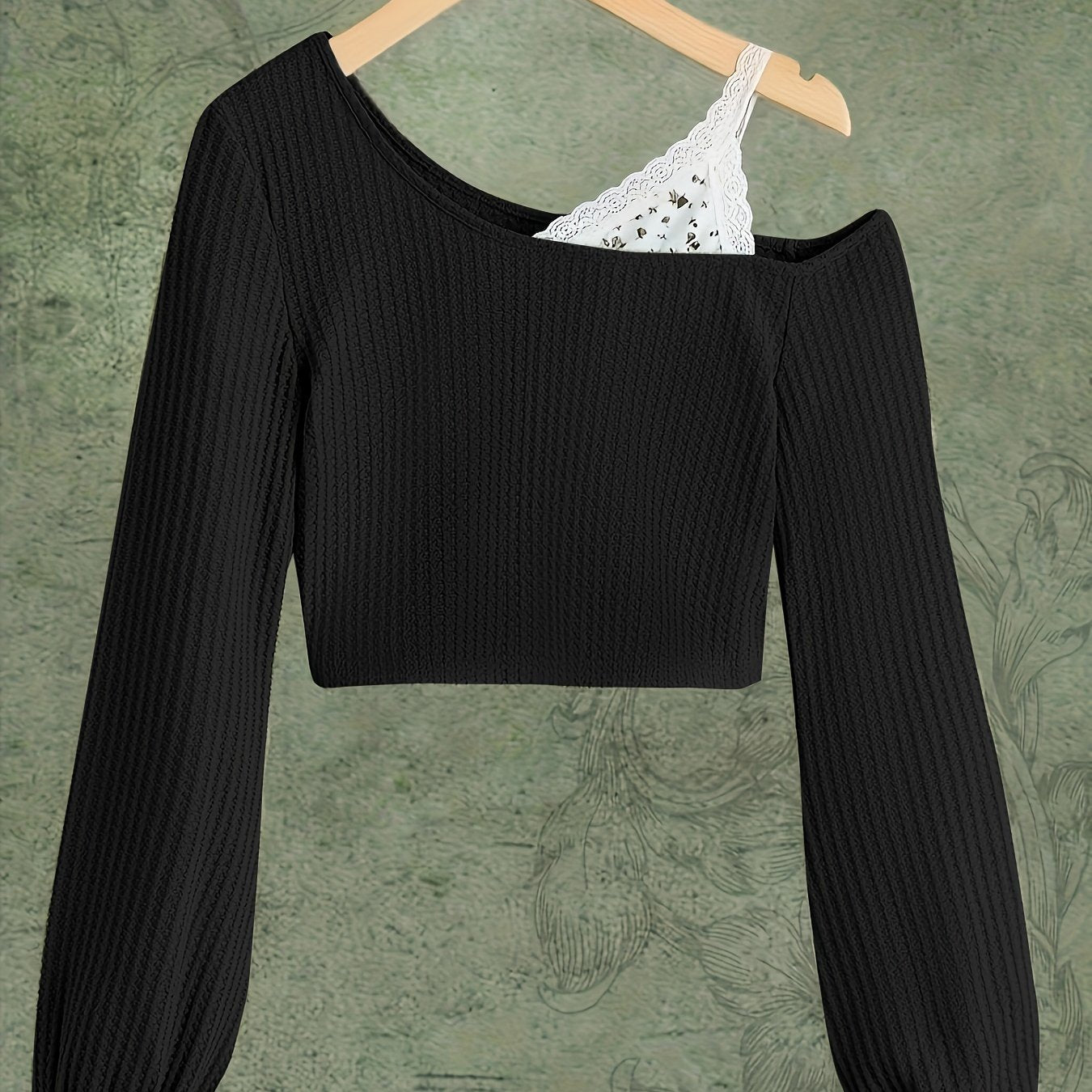 Spring and Autumn Lace Strapless Off - Shoulder Slant Collar T-shirt - veyora