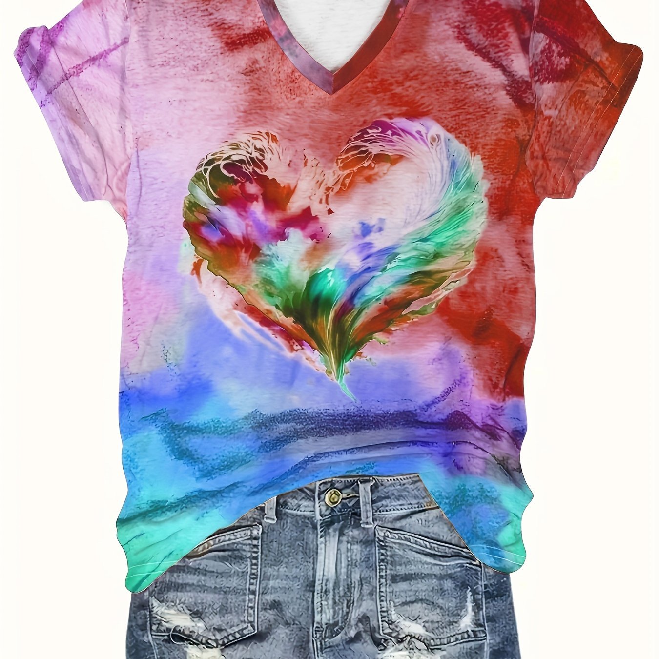 Women's Casual Short Sleeve V - Neck T-Shirt - Vibrant Heart Print Summer Top, Breathable Machine - Washable Tee with Colorful Gradient Design for Casual Attire, Ladies T Shirts, Soft Fabric Shirt - veyora
