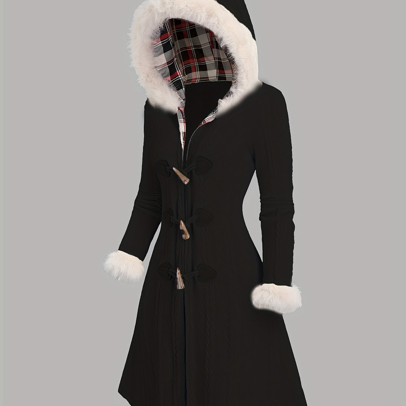 Y2K Plaid Patchwork Hooded Coat with Button Closure and Long Sleeves - veyora