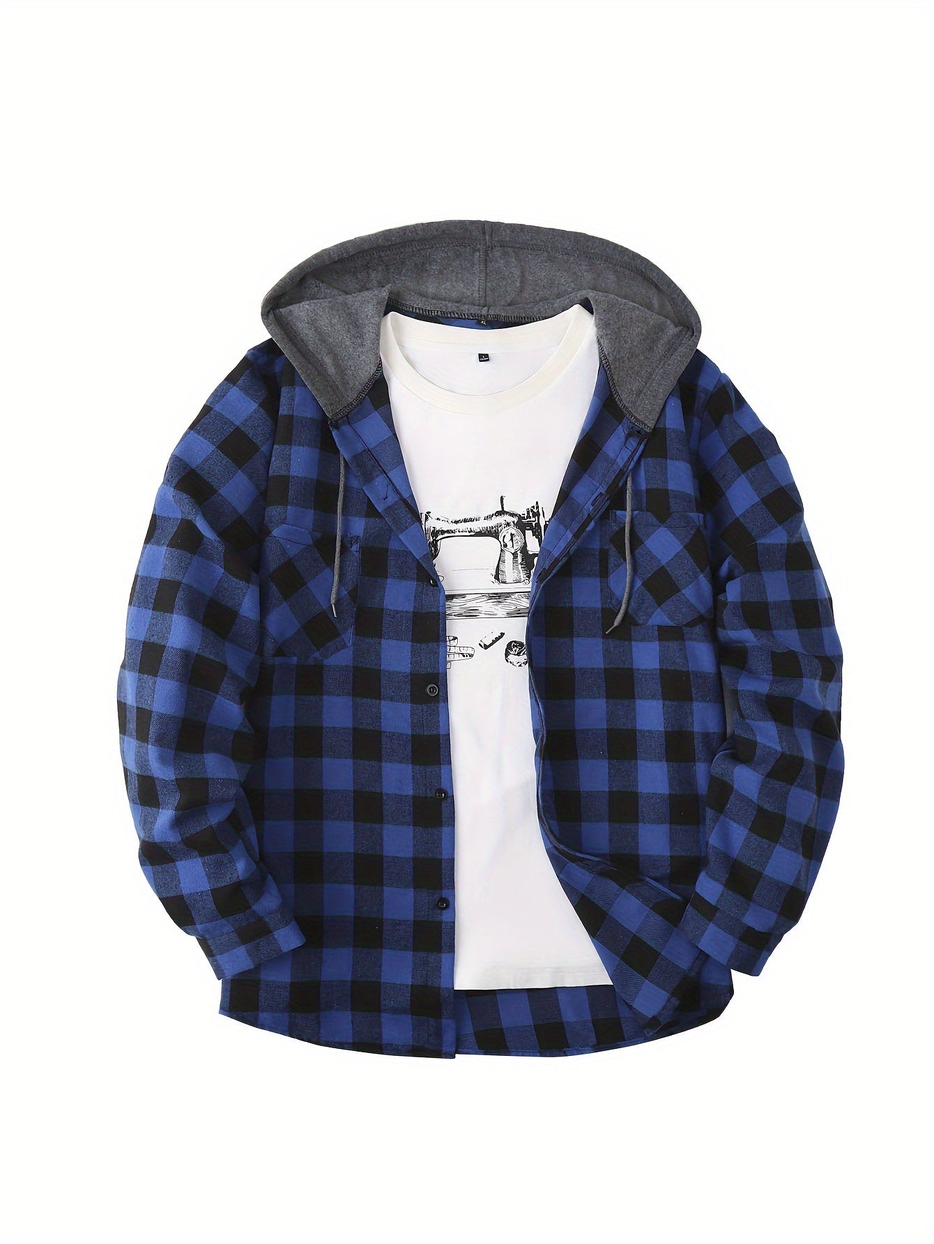 Men's Plaid Hooded Shirt Coat, Long Sleeve, Button Up, Casual Fit - veyora