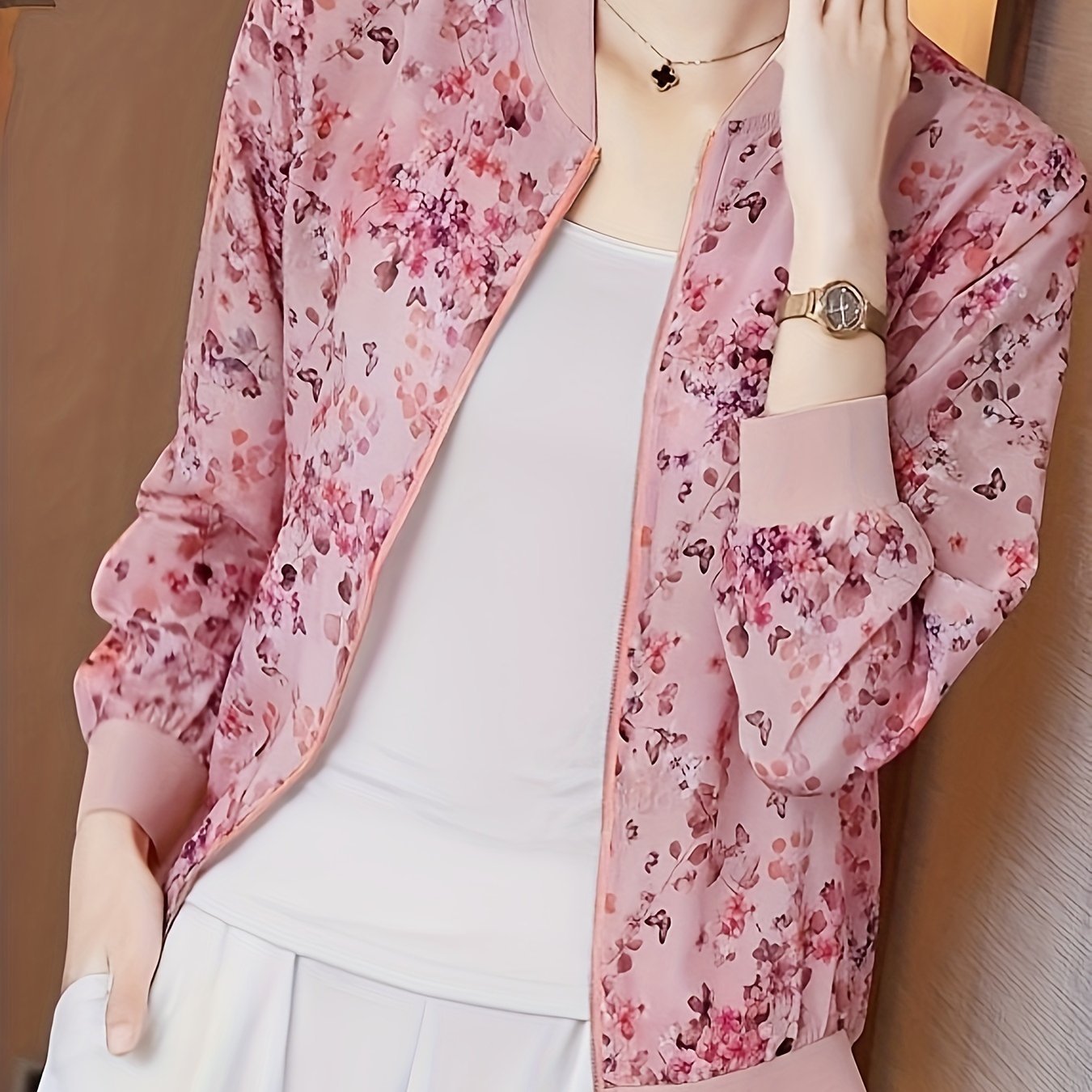 Women's lightweight sunscreen jacket - translucent long - sleeved baseball jacket with front zipper design, loose H - shaped cut suitable for beach, office, and daily wear, floral geometric pattern, breathable fabric, summer fashion item - veyora