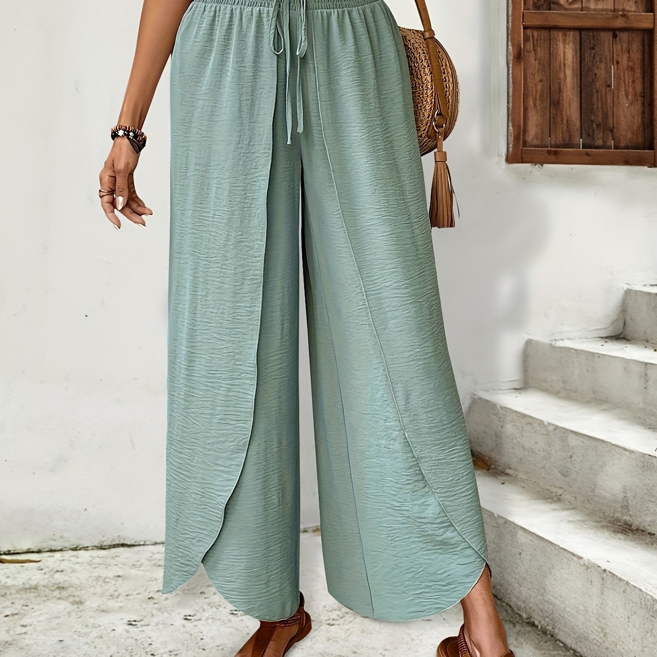 Elegant and Graceful Wide - leg Casual Pants with Overlapping Curved Hem Design - veyora
