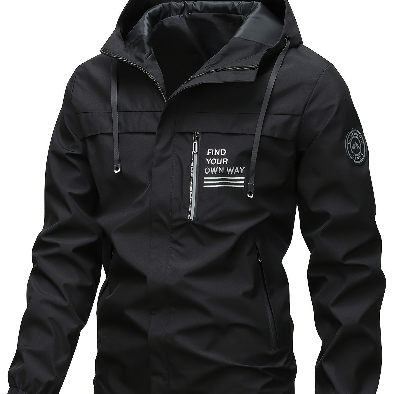 [Everyday Comfort, Windbreaker] Stylish Hooded Windbreaker Jacket | Men's Casual Gear - Black, "Find Your Way" Design, Loose Fit for Spring & Fall Outdoor Activities | Smooth Texture, Trendy Men's Jacket - veyora