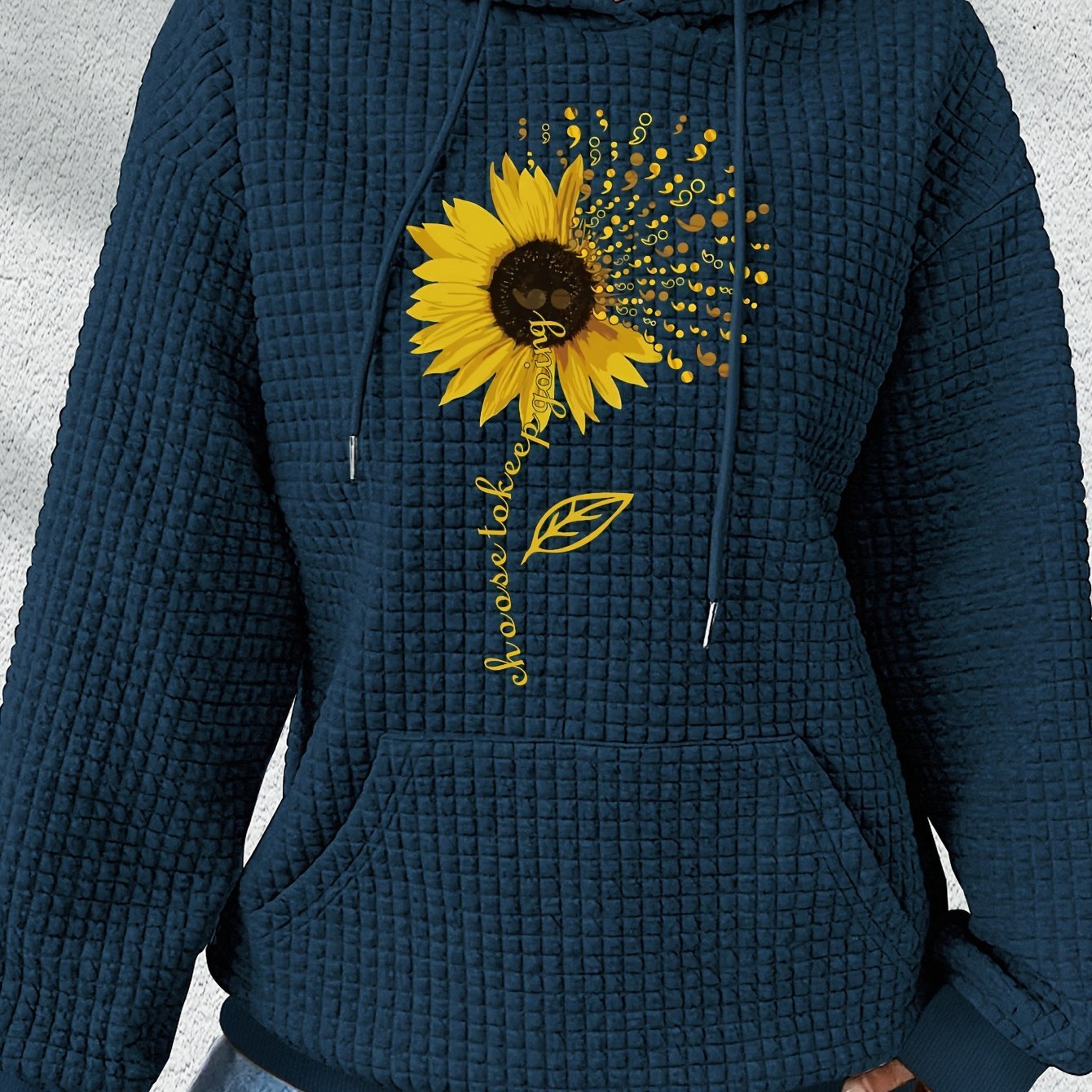 Sunflower Print Waffle Hoodie, Drawstring Kangaroo Pocket Casual Hooded Sweatshirt For Winter & Fall, Women's Clothing - veyora