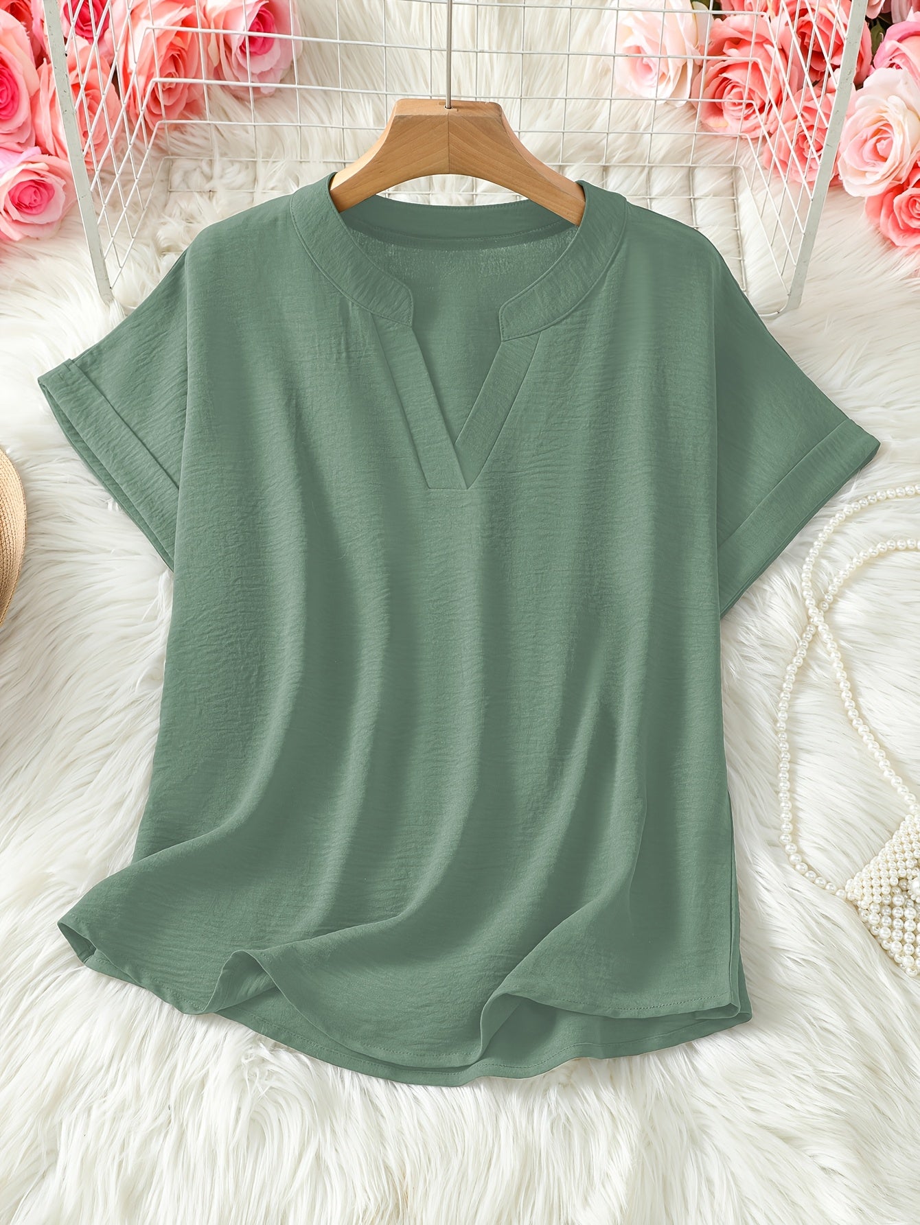 Women's V - neck Drop Shoulder Sleeves Solid Color Loose Short Sleeve Shirt Top - veyora