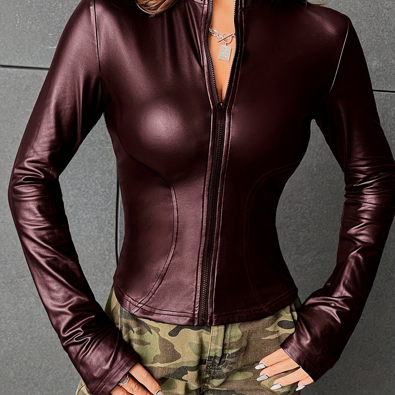 Casual Solid Fitted Zip Up Long Sleeve PU Leather Jacket for Ladies, Women's Clothing - veyora