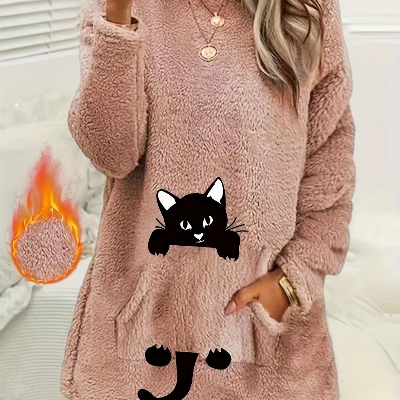 Women's Geometric Print Fleece Pullover Sweatshirt - Soft Long Sleeve Round Neck with Pockets, Machine Washable Casual Winter Wear, Elegant Regular Fit for All Seasons, Cute Sweatshirts, Allseason Apparel, Comfortable Pockets - veyora