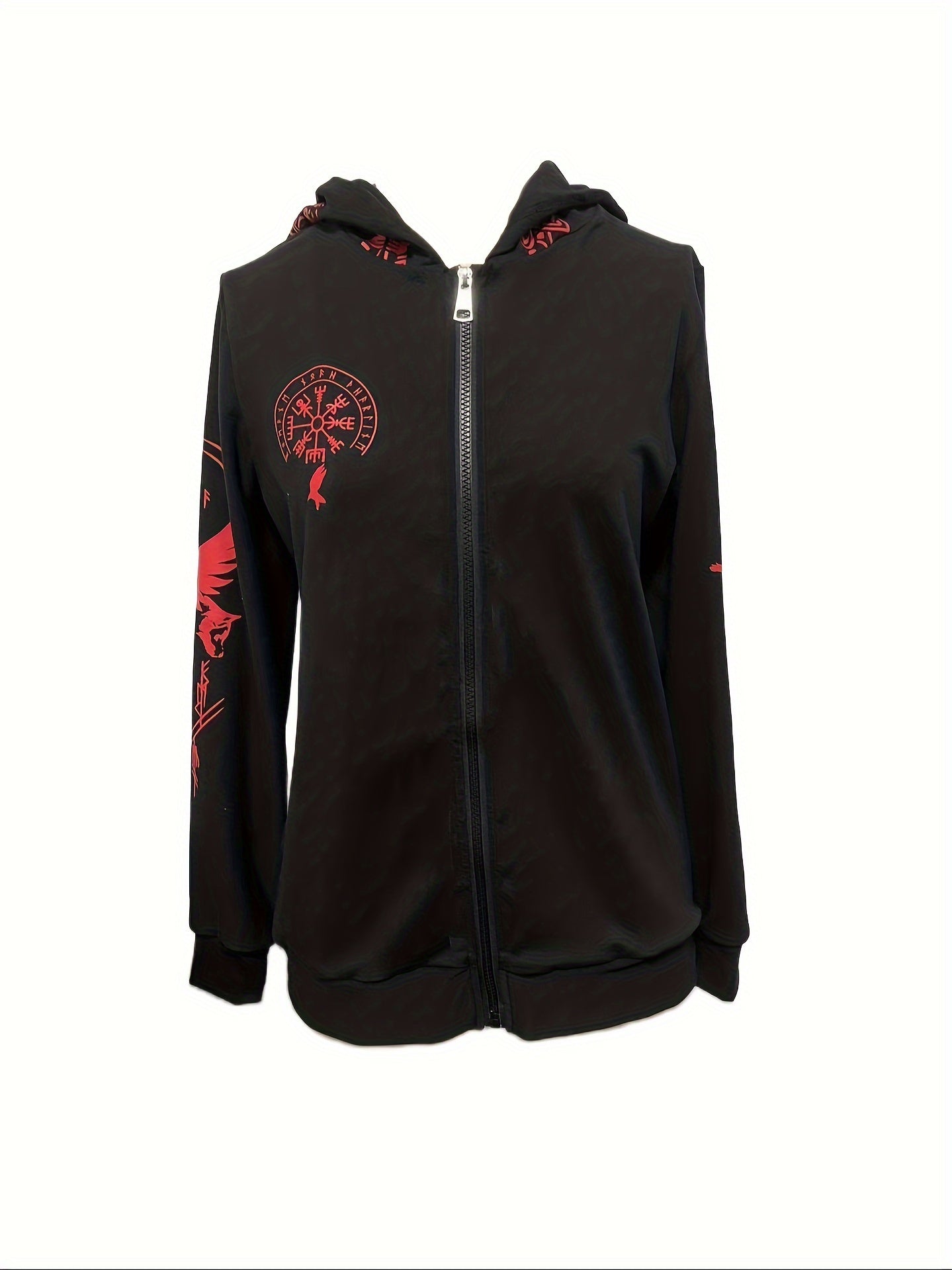 Viking Tribal Full - Body Print Hooded Zipper Hoodie - Retro Norse Totem & Viking Warrior Design, H - Line Silhouette, High Elasticity All - Season Casual Outerwear, Machine Washable - veyora
