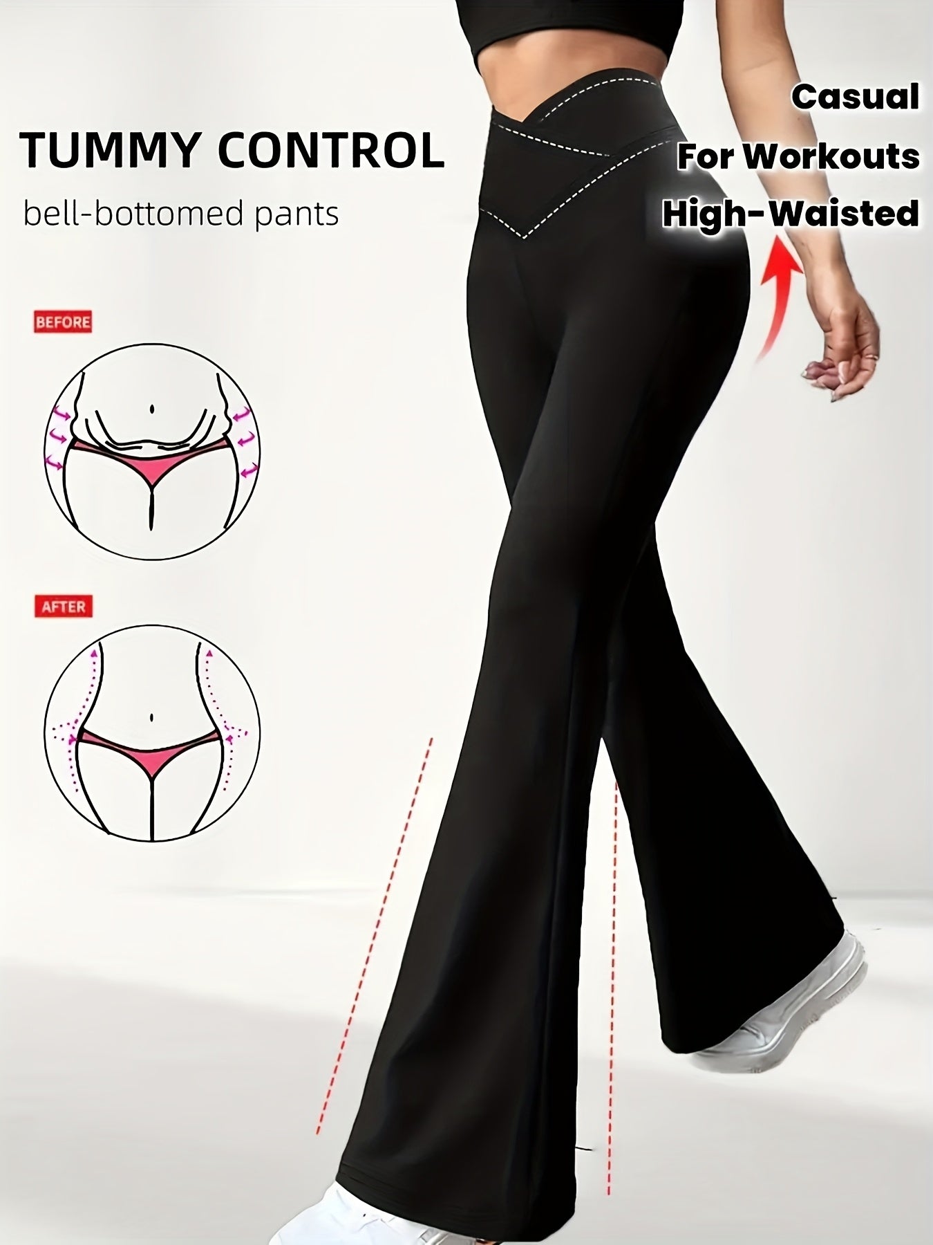 Women's High - Waisted Tummy Control Bell - Bottom Capri Pants - Tummy Trimmer Belt - Like Waistband, Wide - Leg Flared Bottoms for Postpartum, & Casual Attire, All - Season Pants (Machine Washable) - veyora
