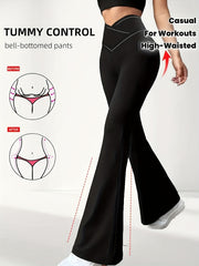 Women's High - Waisted Tummy Control Bell - Bottom Capri Pants - Tummy Trimmer Belt - Like Waistband, Wide - Leg Flared Bottoms for Postpartum, & Casual Attire, All - Season Pants (Machine Washable) - veyora